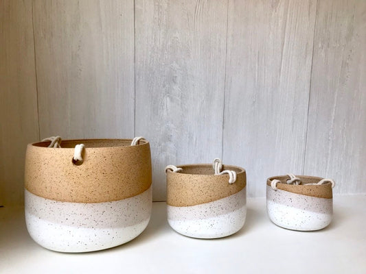 Speckled-Ceramic hanging planter-white on beige stoneware- hanging flower pot - with drainage hole- three sizes available