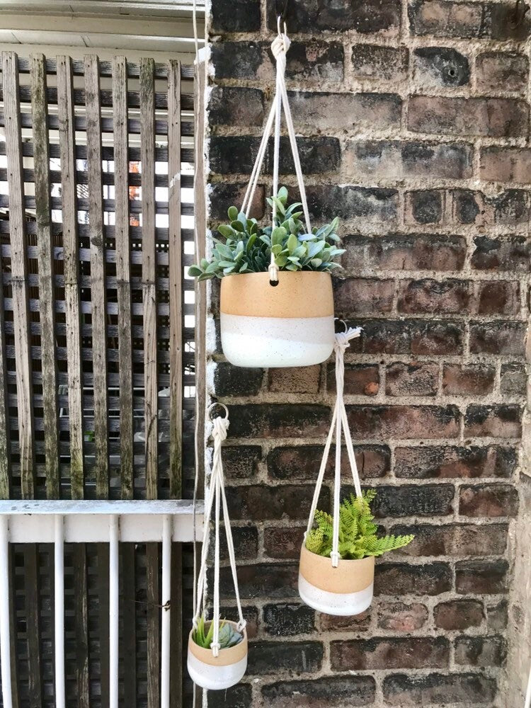Speckled-Ceramic hanging planter-white on beige stoneware- hanging flower pot - with drainage hole- three sizes available