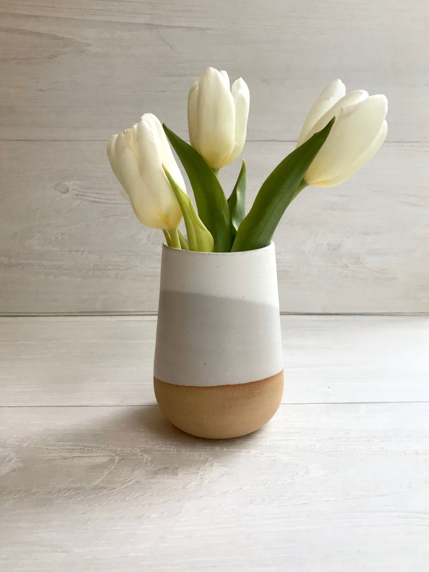 Beige-small Ceramic vase- white on beige stoneware- bud vase