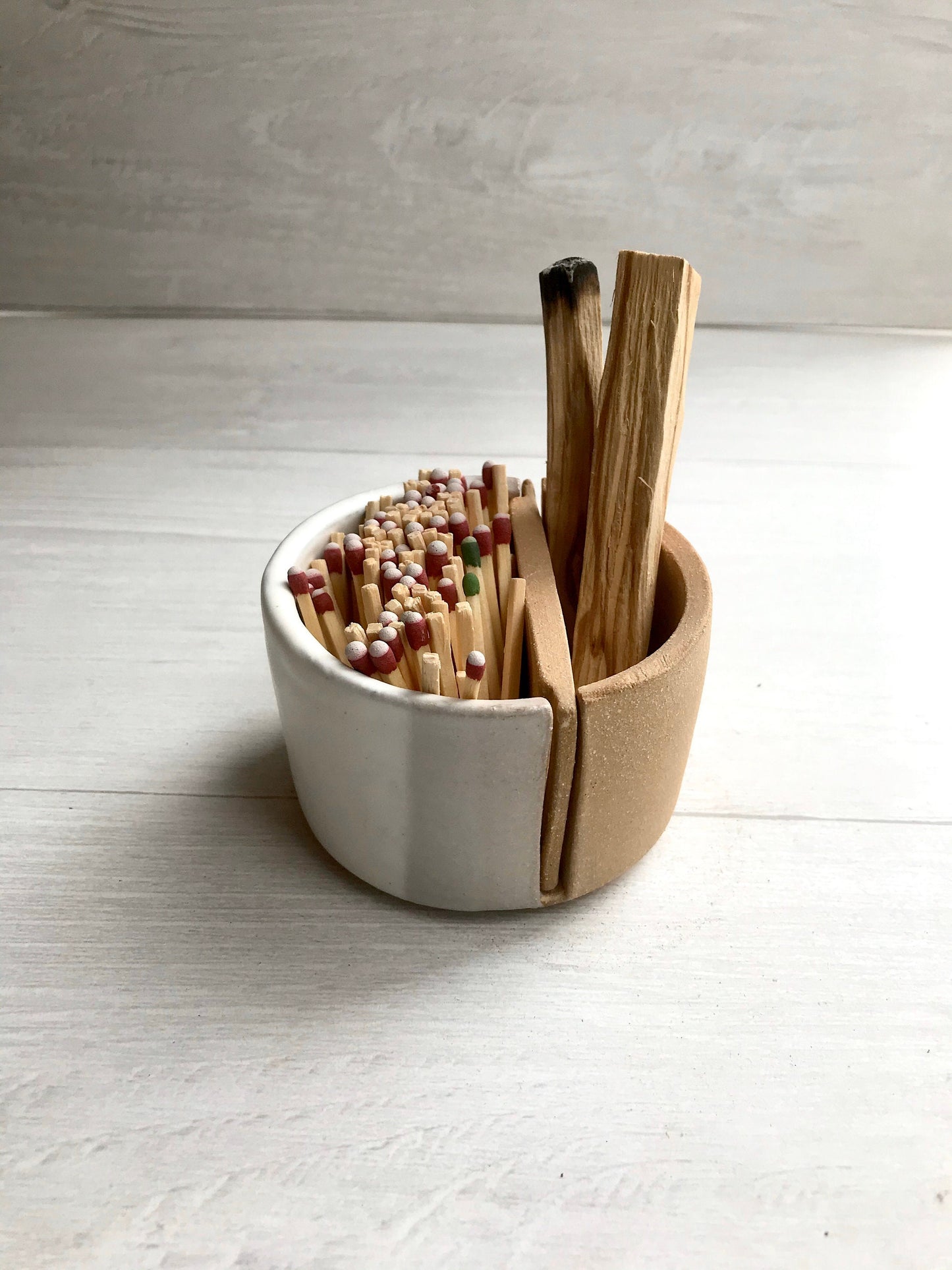 Beige - matchstick duo- ceramic Matchstick holder- With discard slot- Strike on side