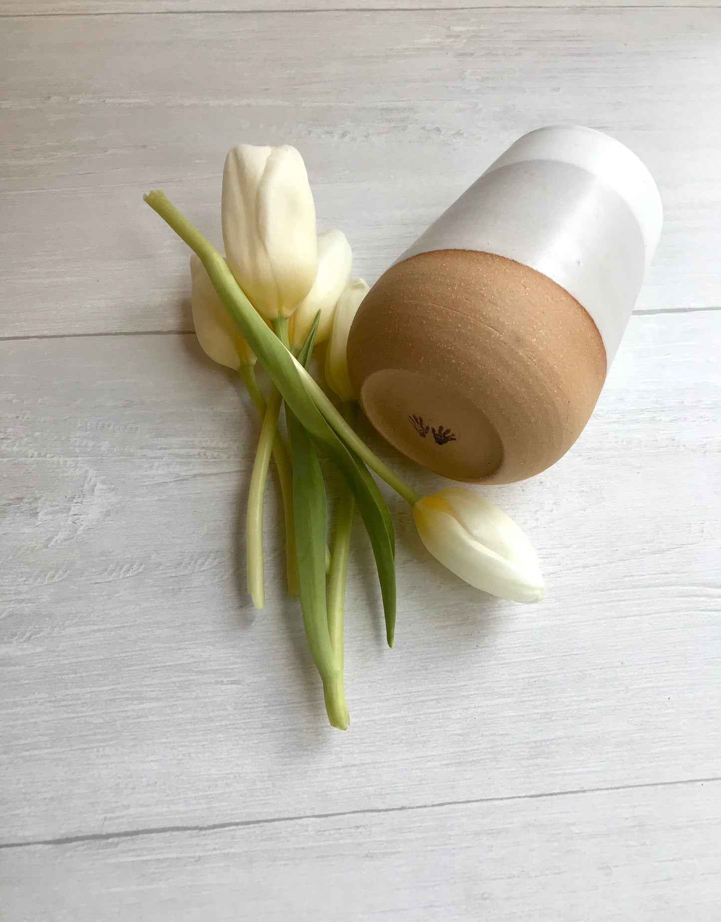 Beige-small Ceramic vase- white on beige stoneware- bud vase