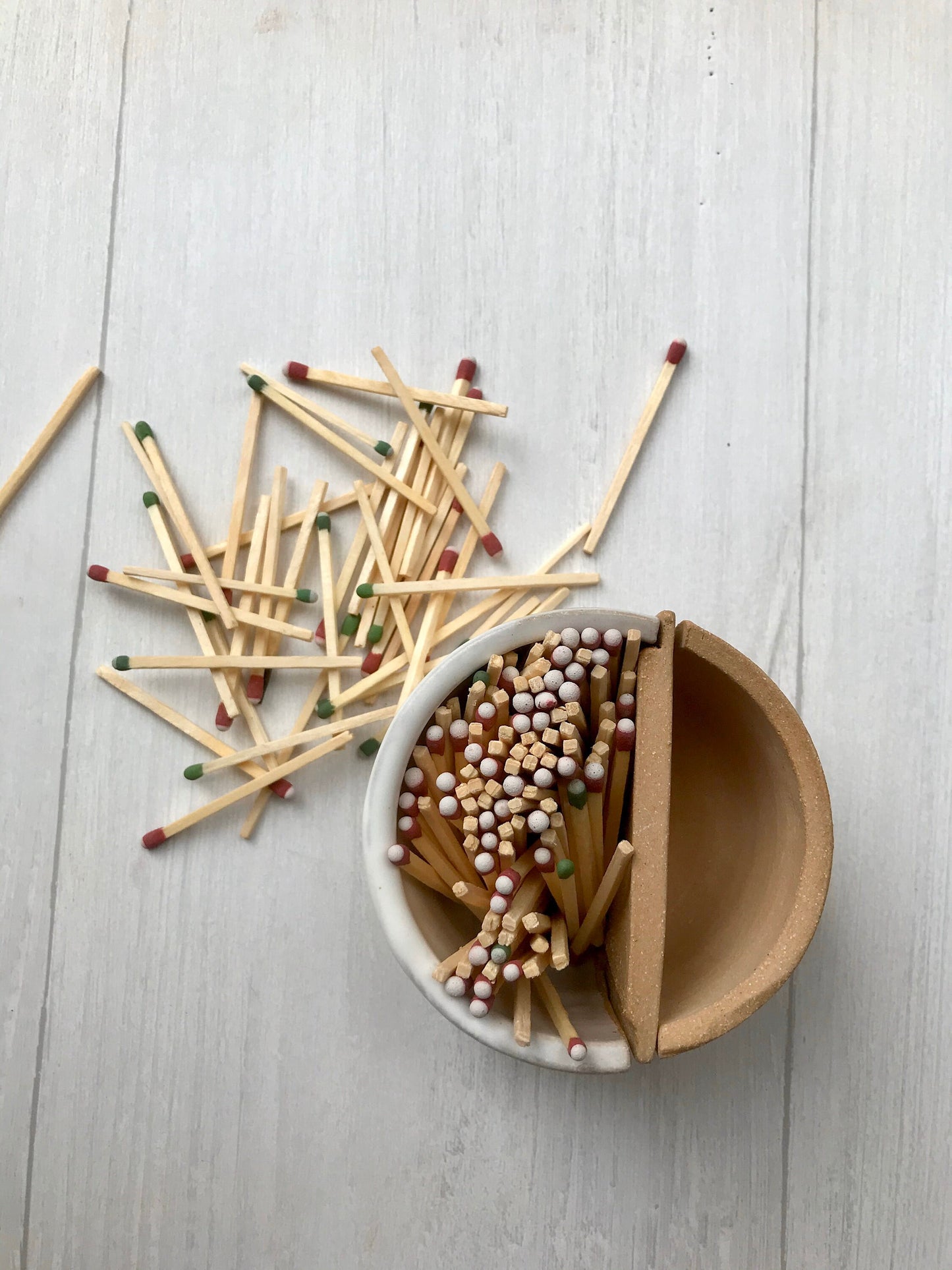 Beige - matchstick duo- ceramic Matchstick holder- With discard slot- Strike on side