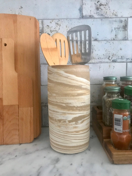 White and beige marbled - tall ceramic utensil holder- flower vase- handmade