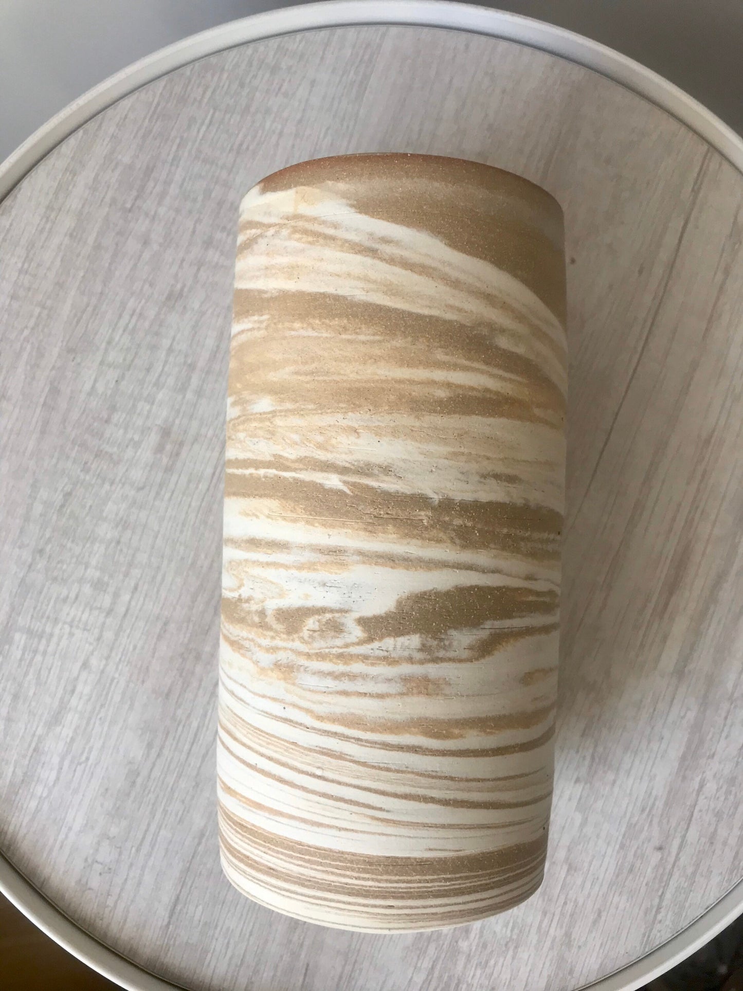 White and beige marbled - tall ceramic utensil holder- flower vase- handmade