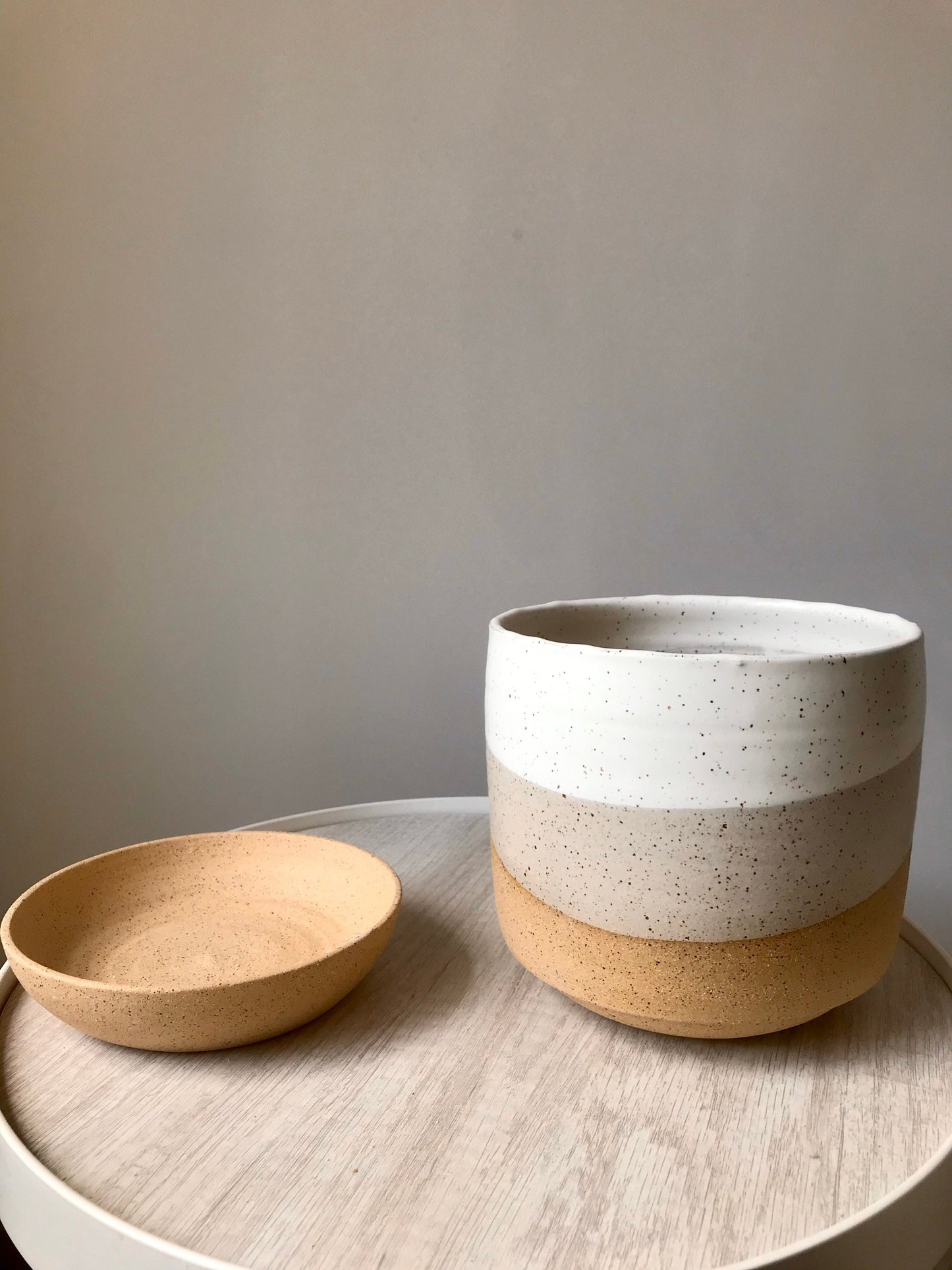 Speckled white-ceramic planter with base- drainage hole-handmade