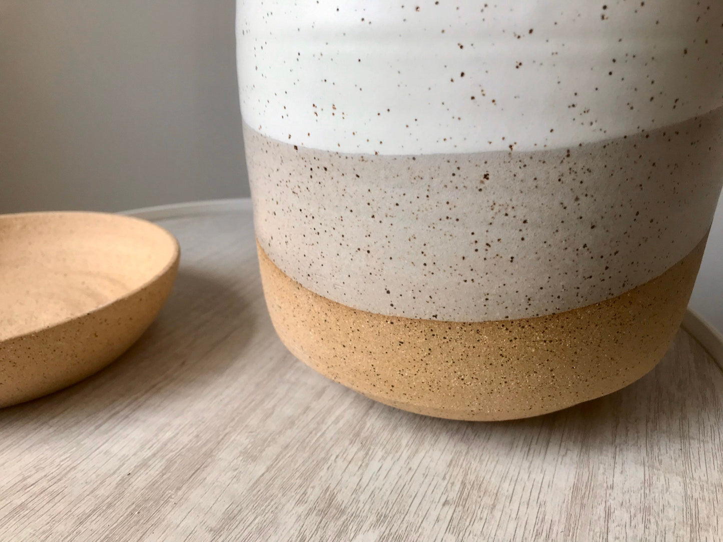 Speckled white-ceramic planter with base- drainage hole-handmade