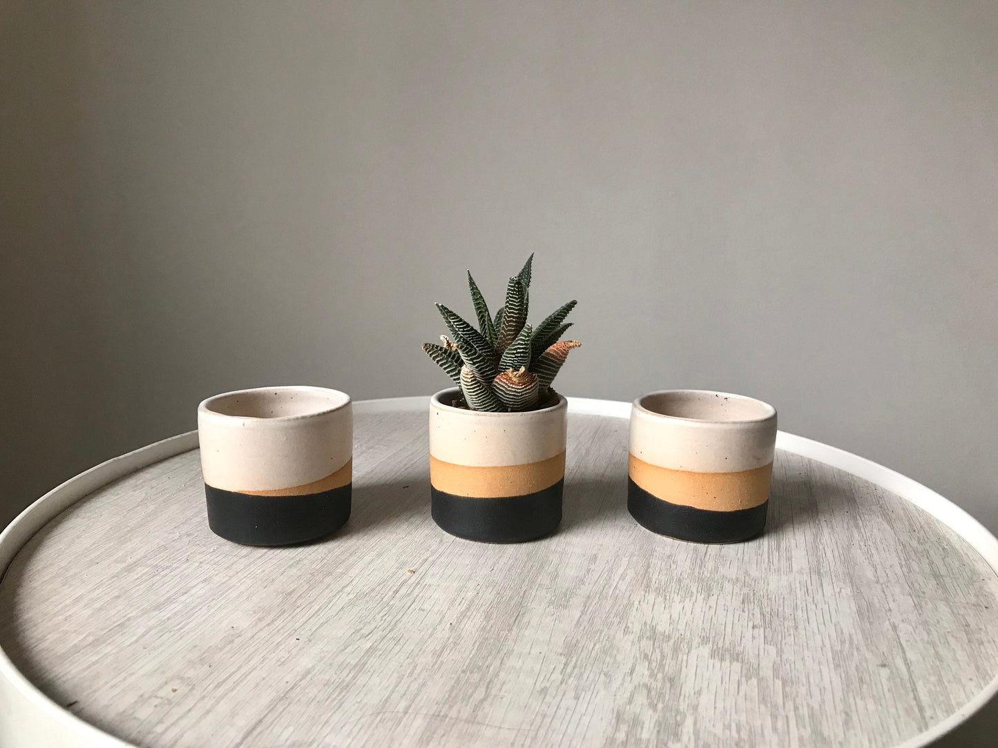 Tri color- beige white and black- 2 succulent holders- handmade ceramics- three pack