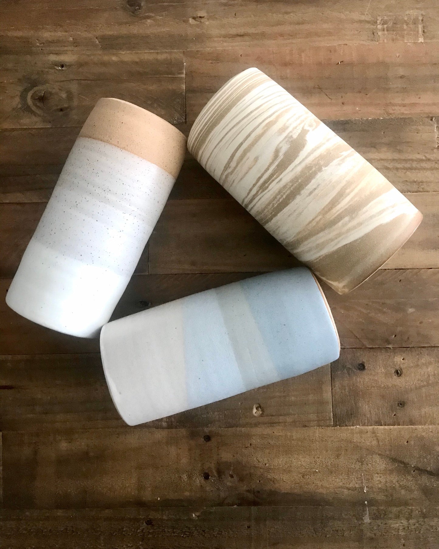 White and beige marbled - tall ceramic utensil holder- flower vase- handmade