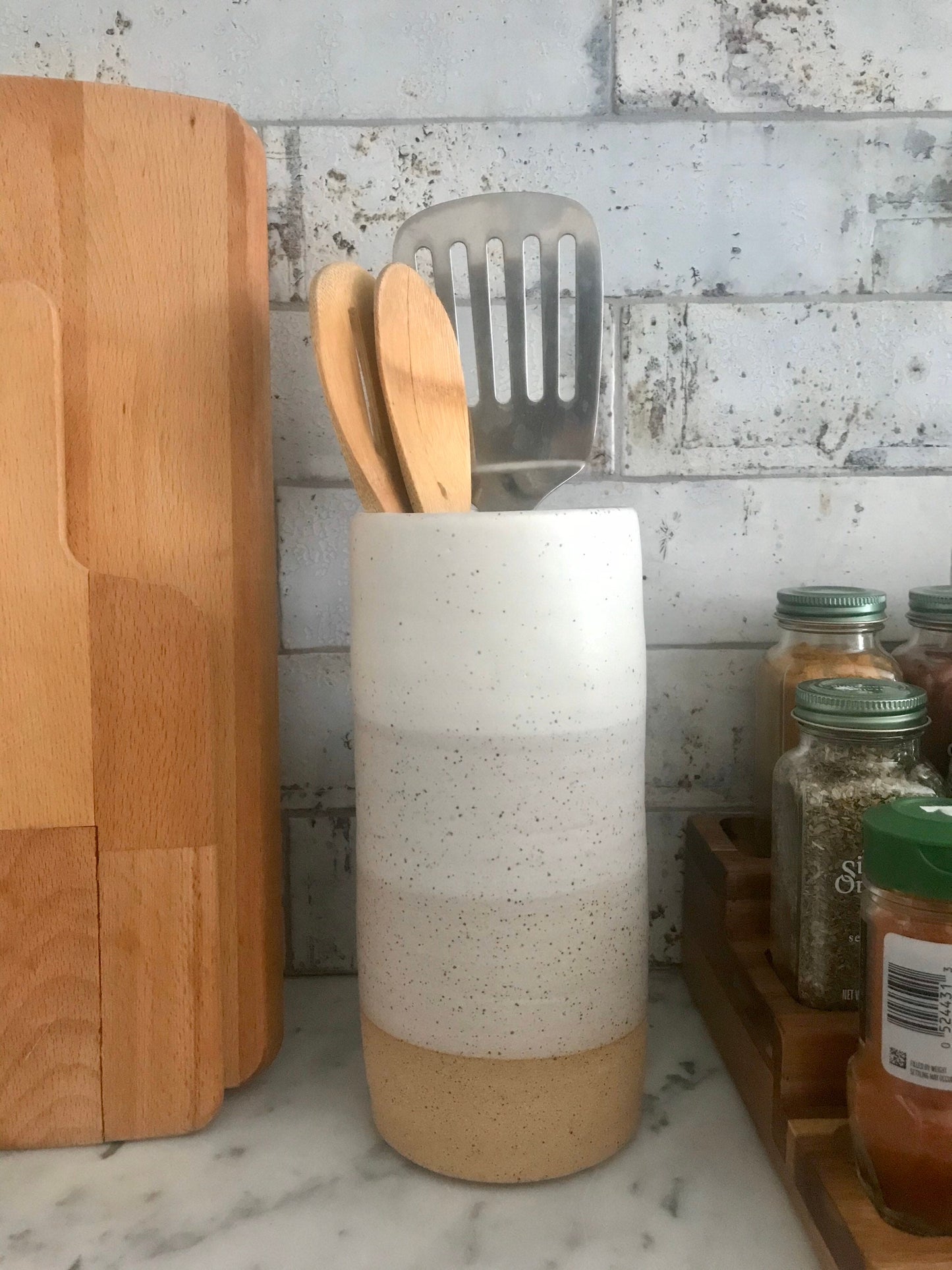 Speckeled white - tall ceramic utensil holder- flower vase- handmade