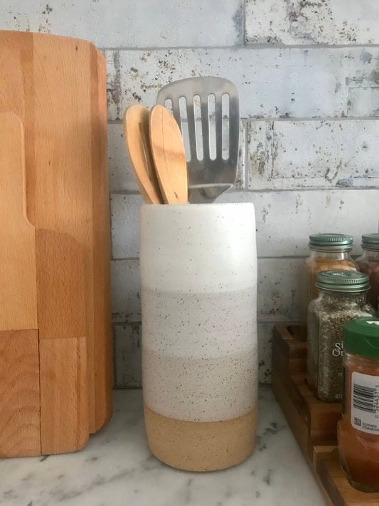Speckeled white - tall ceramic utensil holder- flower vase- handmade