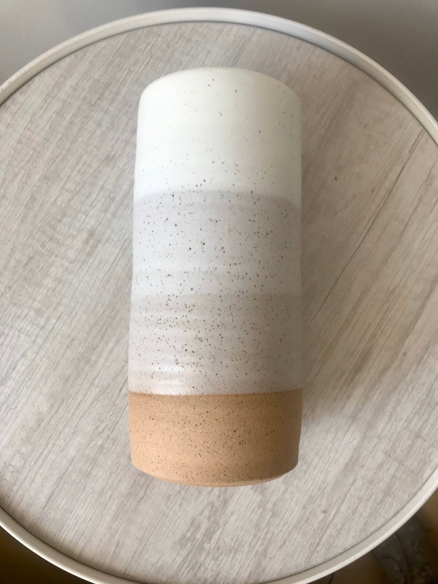 Speckeled white - tall ceramic utensil holder- flower vase- handmade