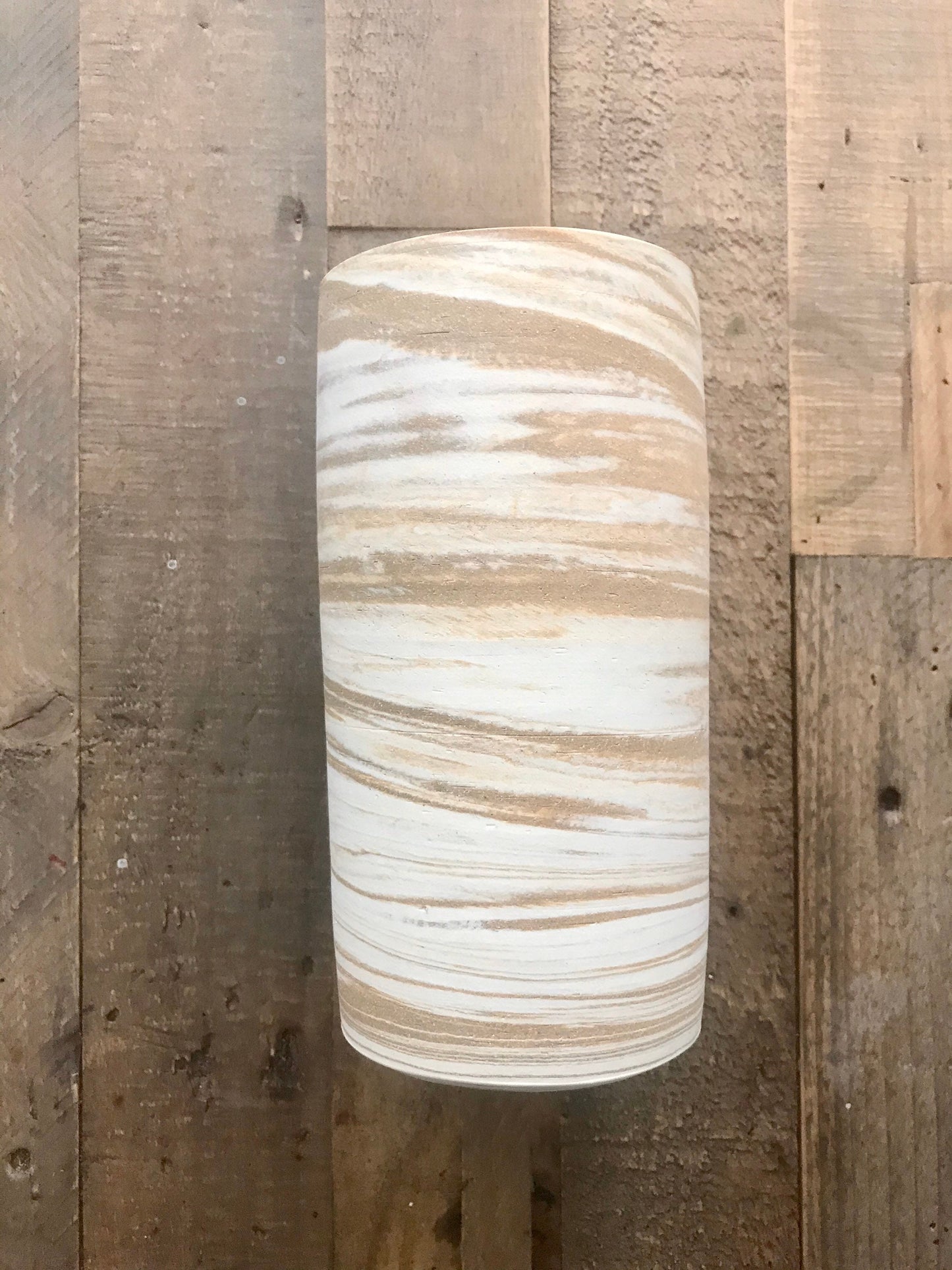 White and beige marbled - tall ceramic utensil holder- flower vase- handmade