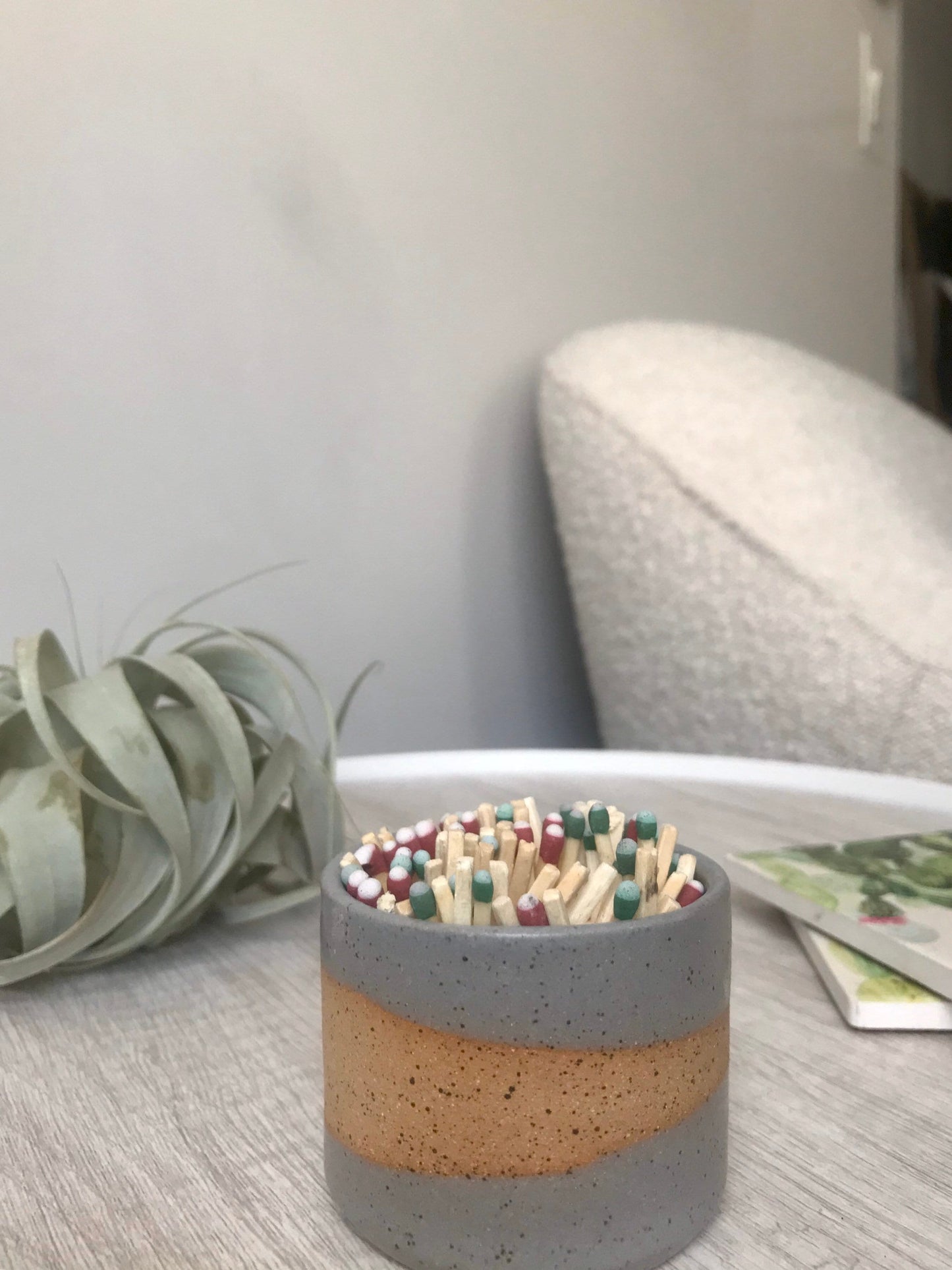 Speckled gray- ceramic Matchstick holder- Strike on side