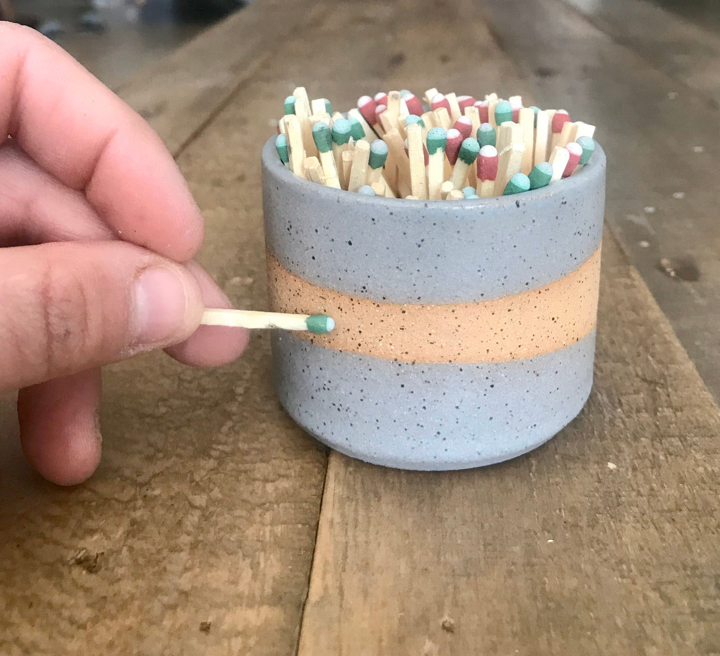 Speckled gray- ceramic Matchstick holder- Strike on side