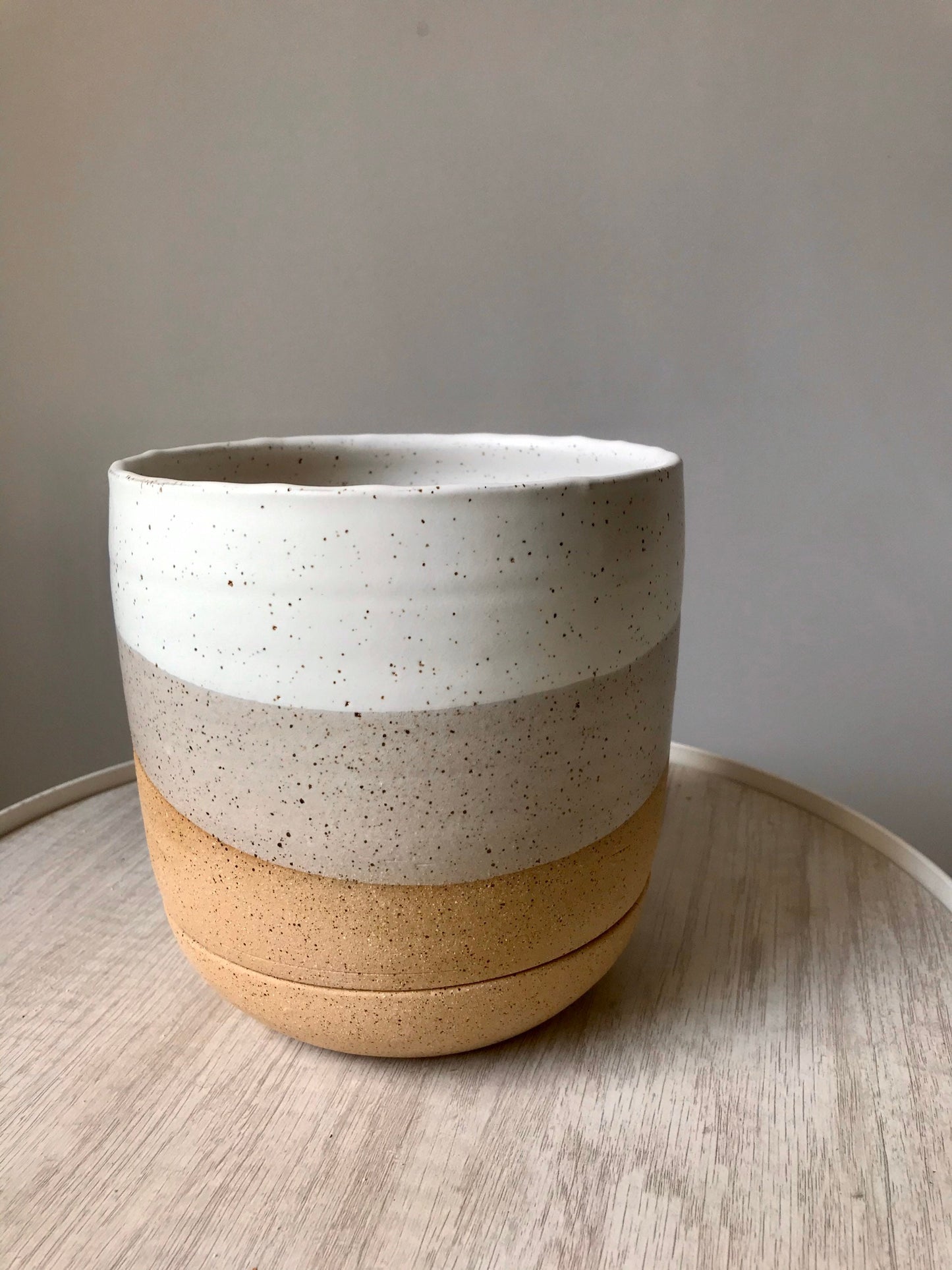 Speckled white-ceramic planter with base- drainage hole-handmade