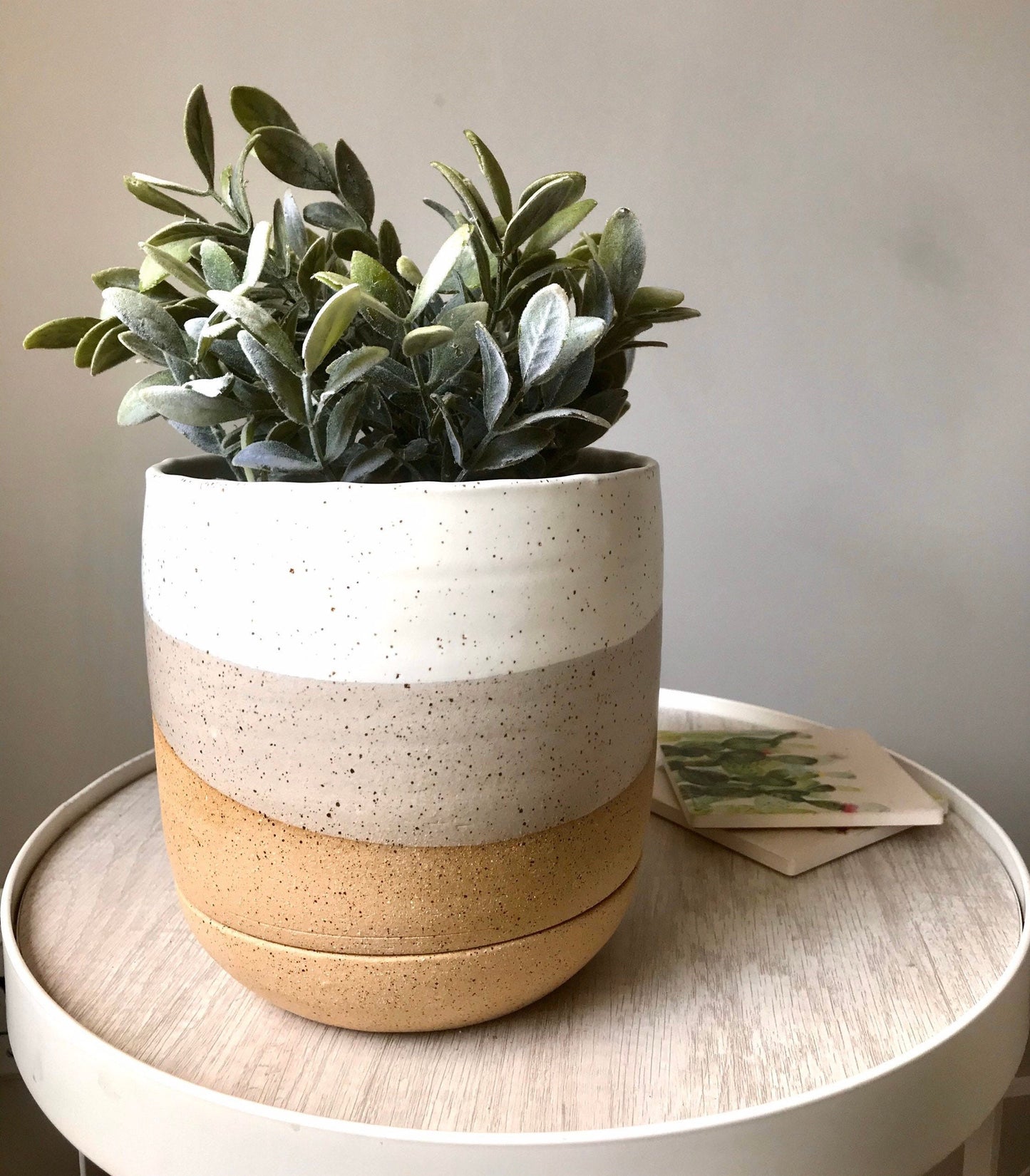 Speckled white-ceramic planter with base- drainage hole-handmade