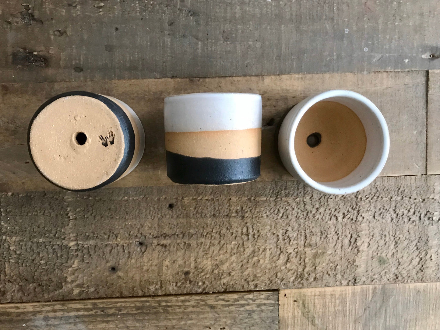 Tri color- beige white and black- 2 succulent holders- handmade ceramics- three pack