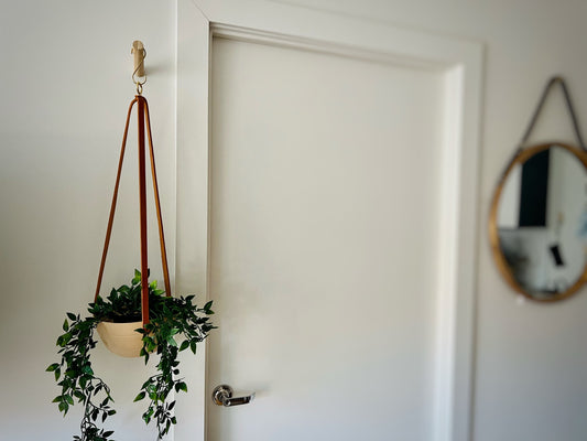 Santa Fe-Style Hanging Planter - Natural Stoneware, Brass, and Leather - Handmade Ceramic