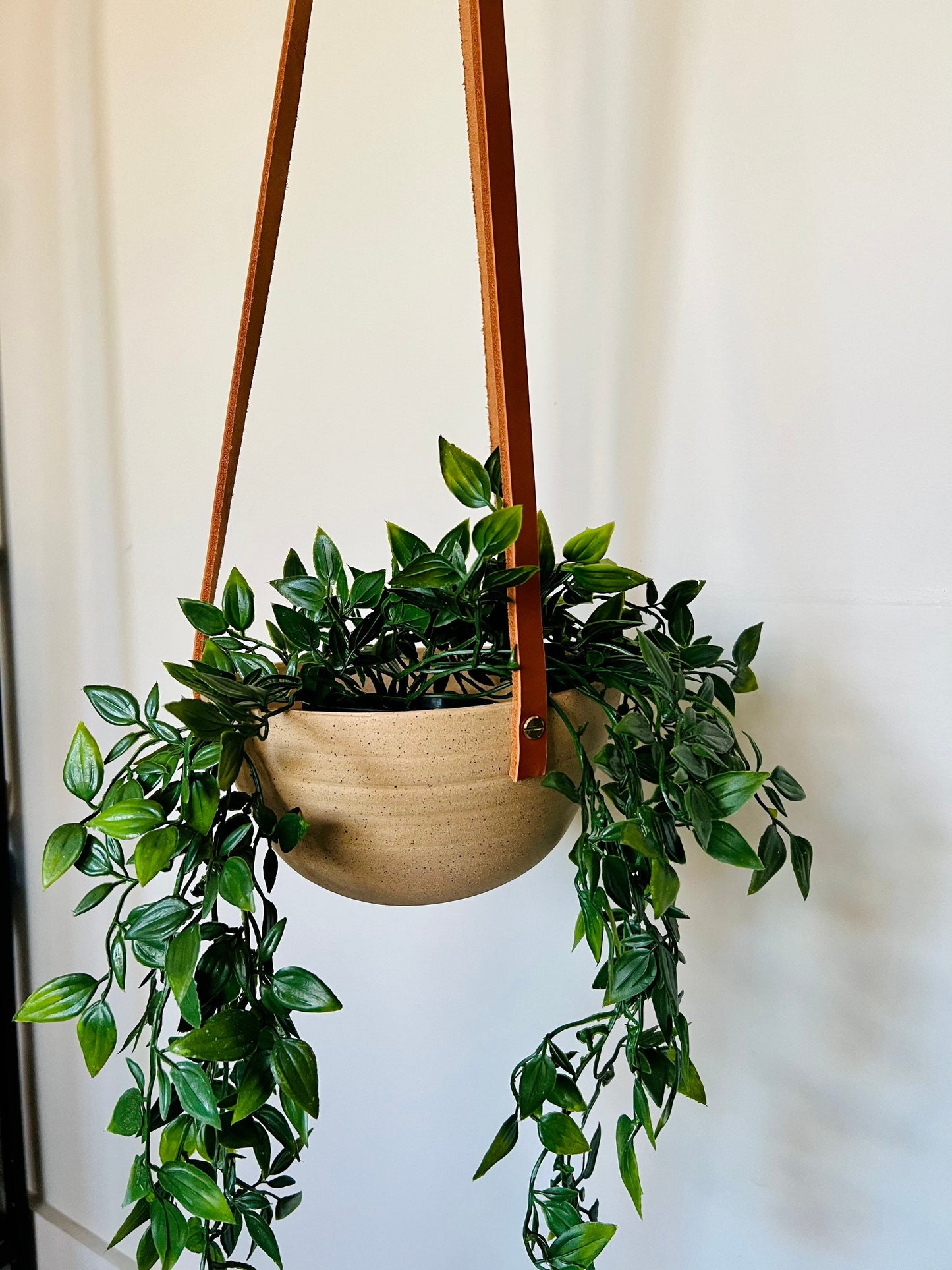 Santa Fe-Style Hanging Planter - Natural Stoneware, Brass, and Leather - Handmade Ceramic