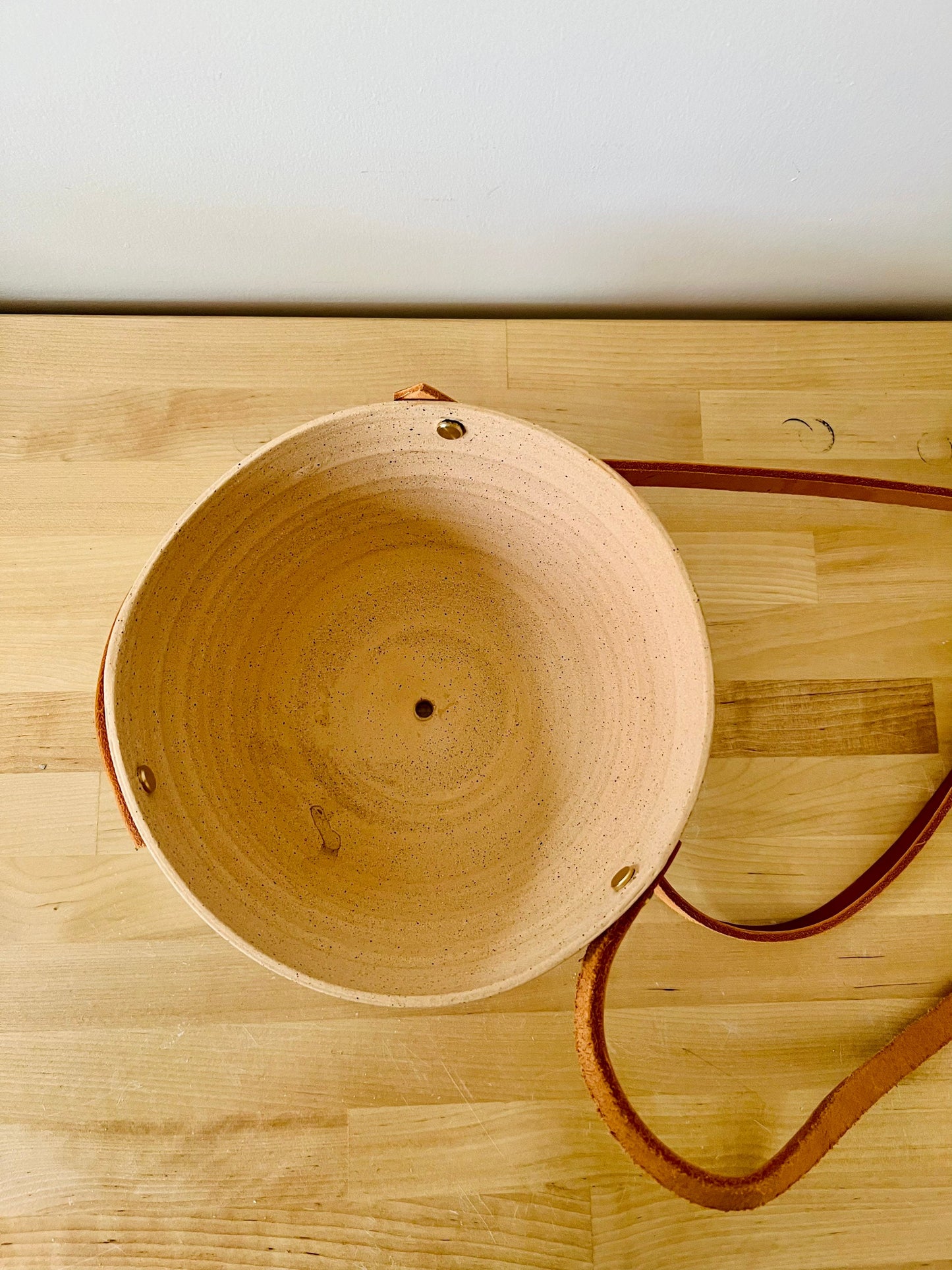 Santa Fe-Style Hanging Planter - Natural Stoneware, Brass, and Leather - Handmade Ceramic