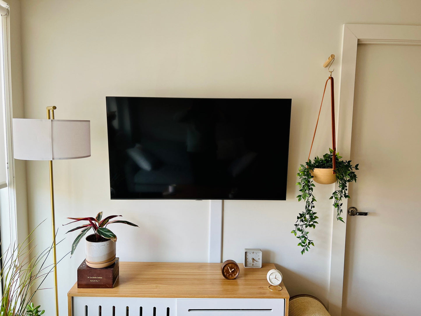 Santa Fe-Style Hanging Planter - Natural Stoneware, Brass, and Leather - Handmade Ceramic