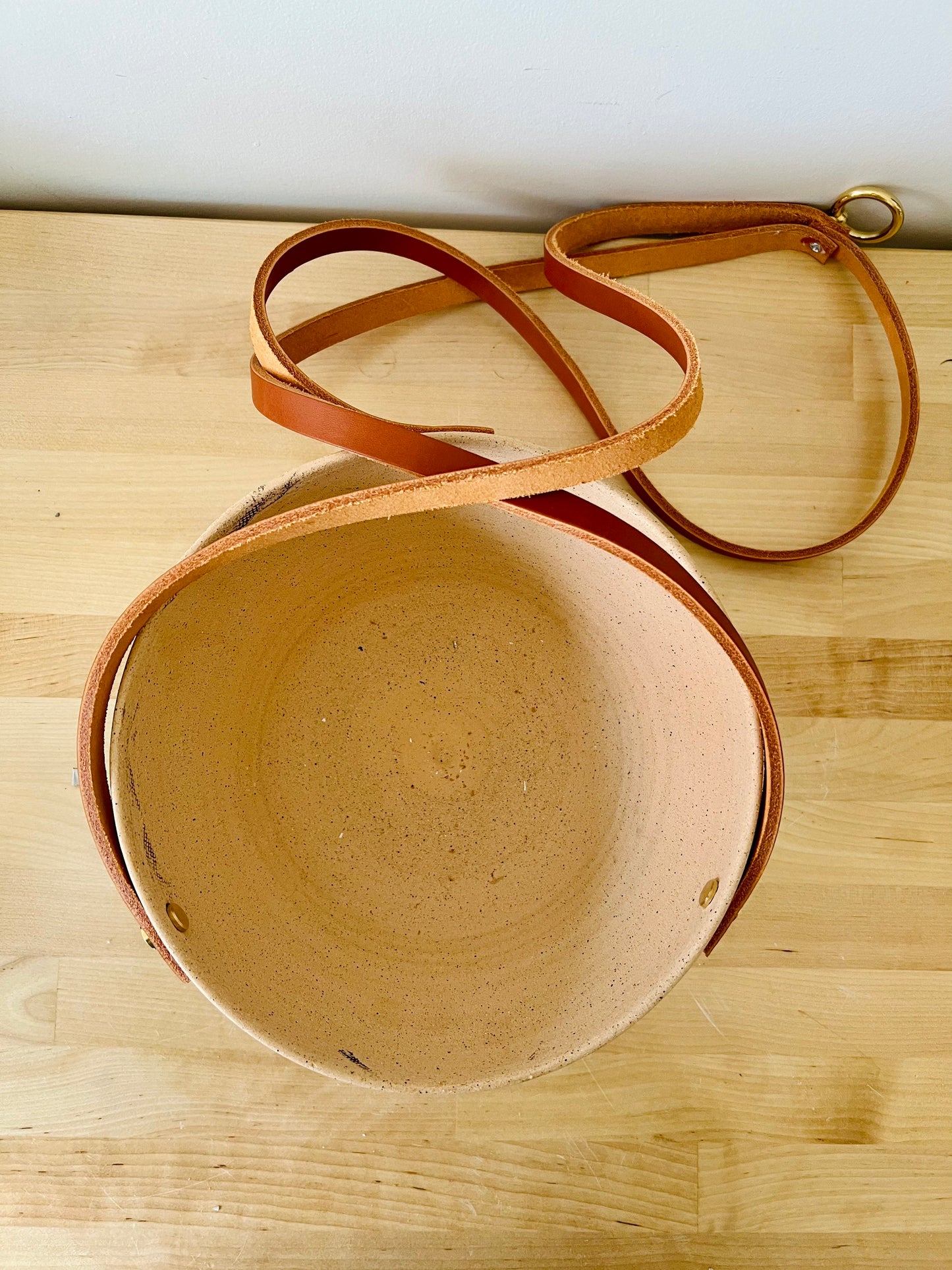 Santa Fe-Style Hanging Planter - Natural Stoneware, Brass, and Leather - Handmade Ceramic