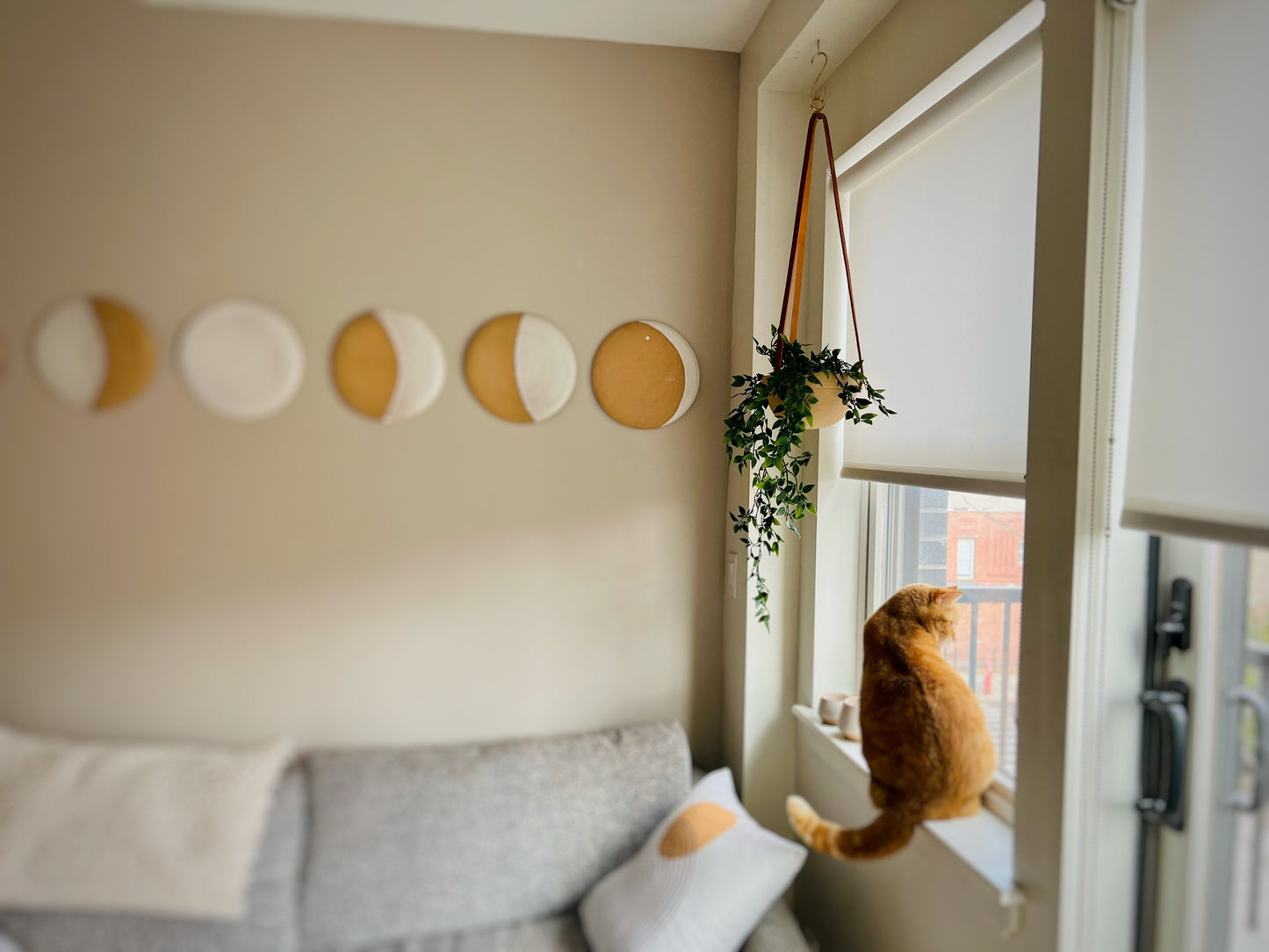 Santa Fe-Style Hanging Planter - Natural Stoneware, Brass, and Leather - Handmade Ceramic