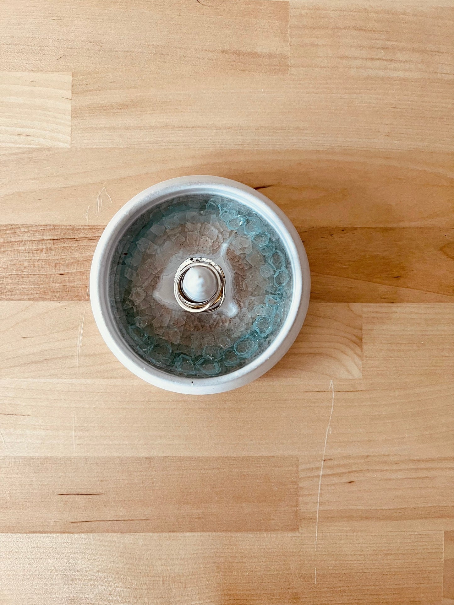 Angled Jewelry and ring dish. Ceramic. White and glass. Handmade