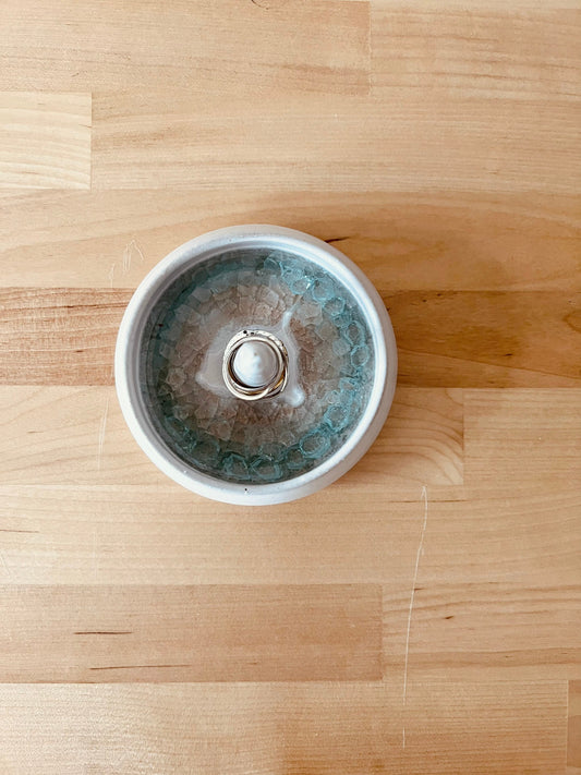 Angled Jewelry and ring dish. Ceramic. White and glass. Handmade