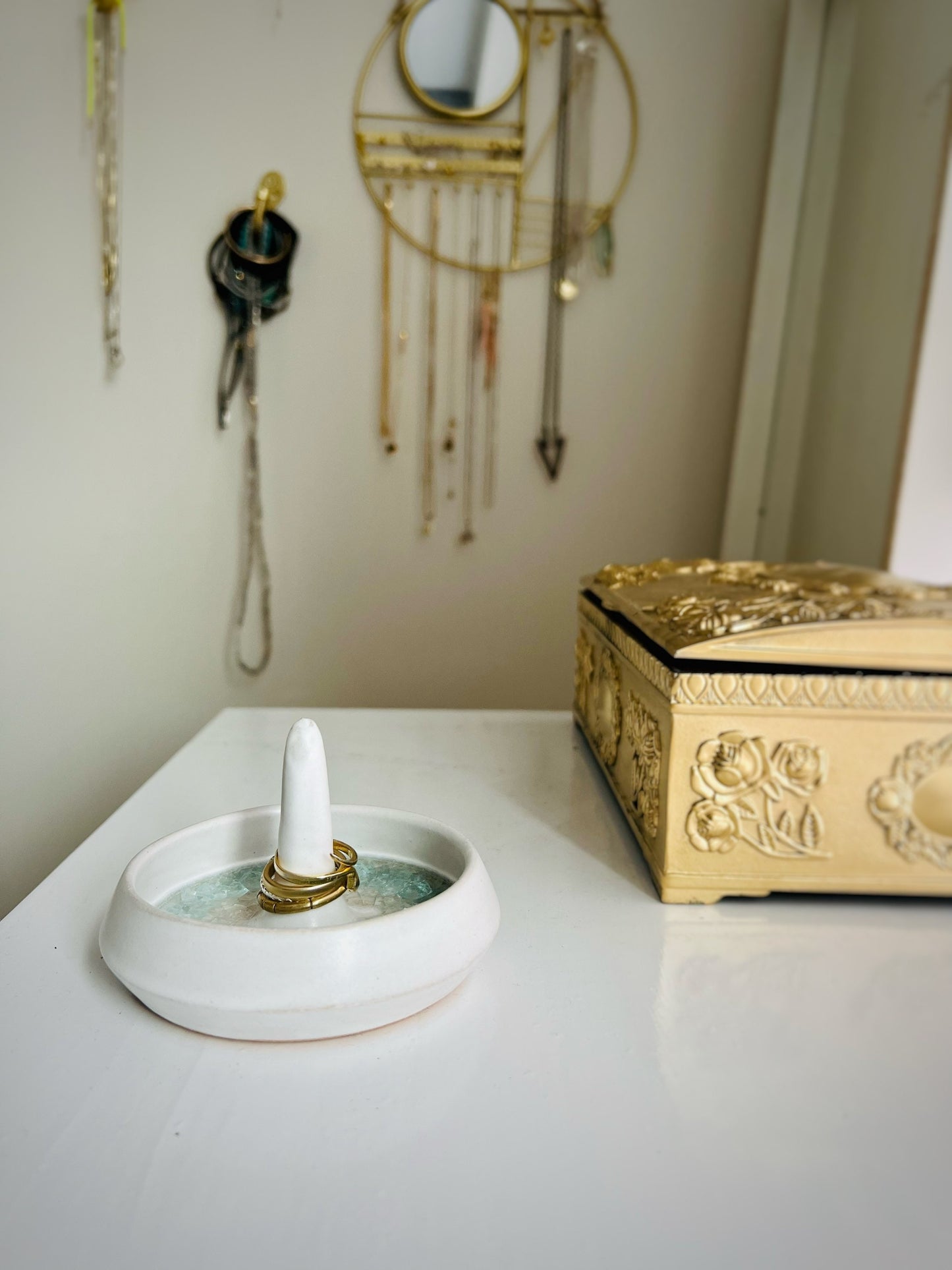 Angled Jewelry and ring dish. Ceramic. White and glass. Handmade