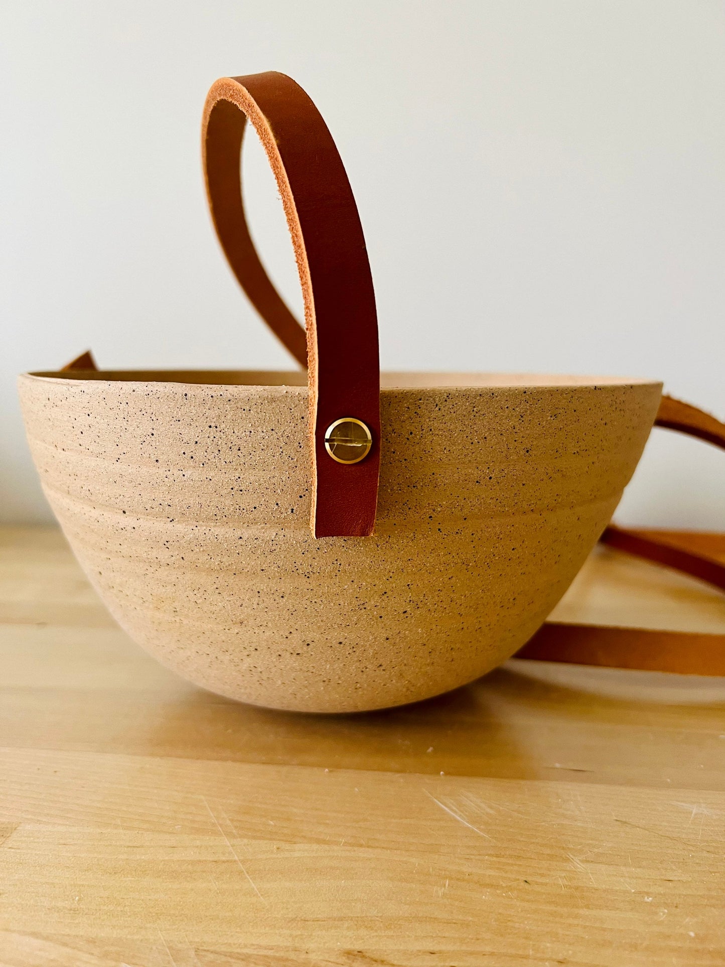 Santa Fe-Style Hanging Planter - Natural Stoneware, Brass, and Leather - Handmade Ceramic