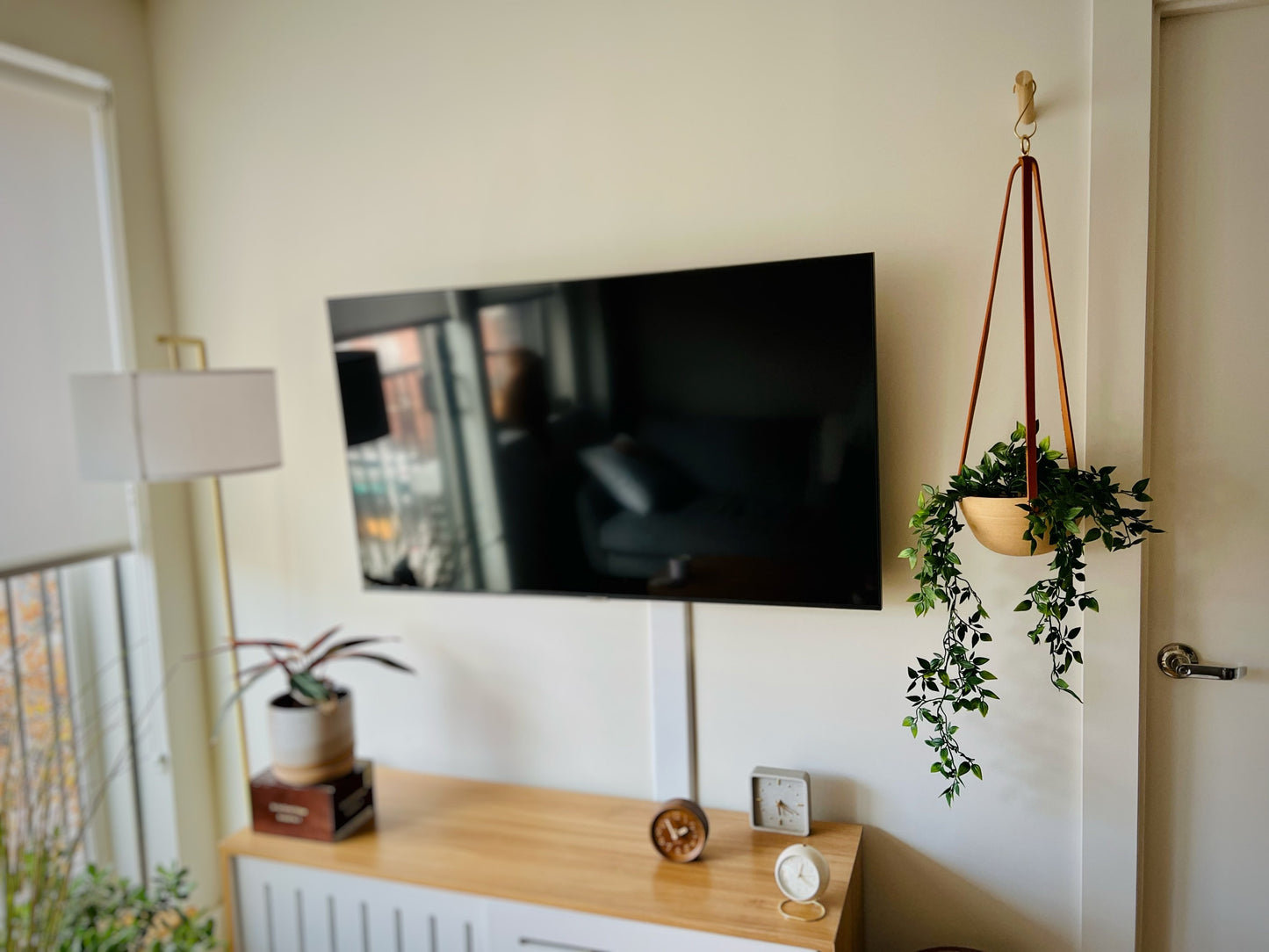 Santa Fe-Style Hanging Planter - Natural Stoneware, Brass, and Leather - Handmade Ceramic