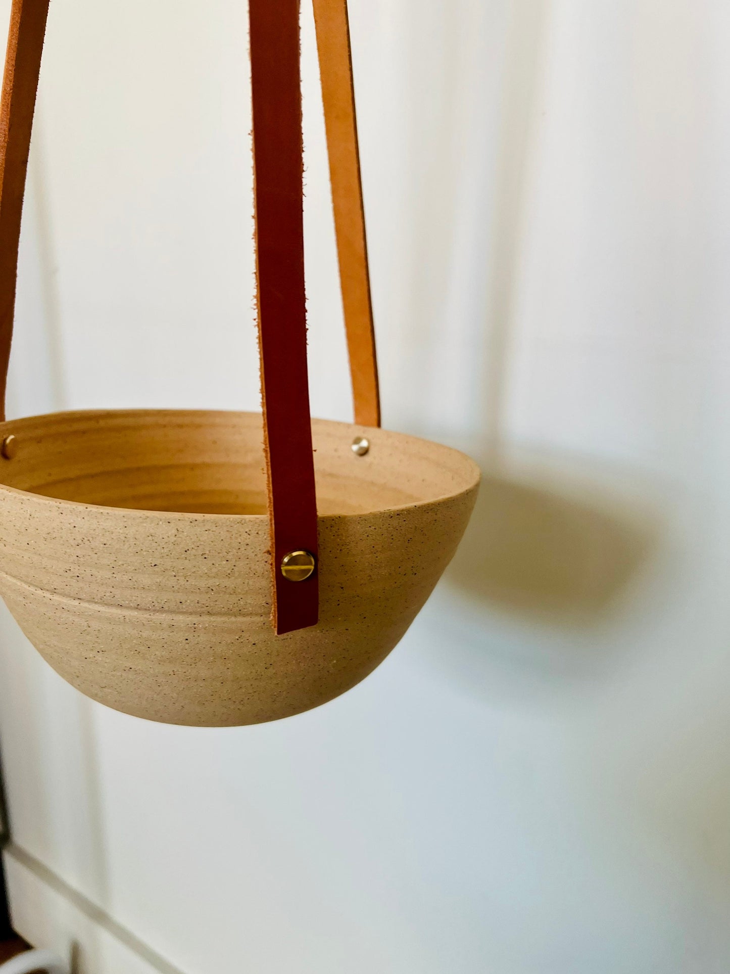 Santa Fe-Style Hanging Planter - Natural Stoneware, Brass, and Leather - Handmade Ceramic