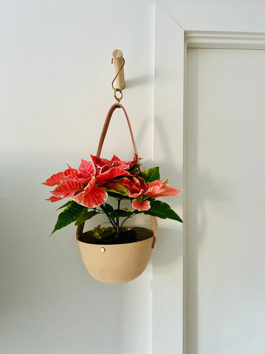 limited edition -western style hanging planter. Natural. leather and brass- Handemade ceramics.