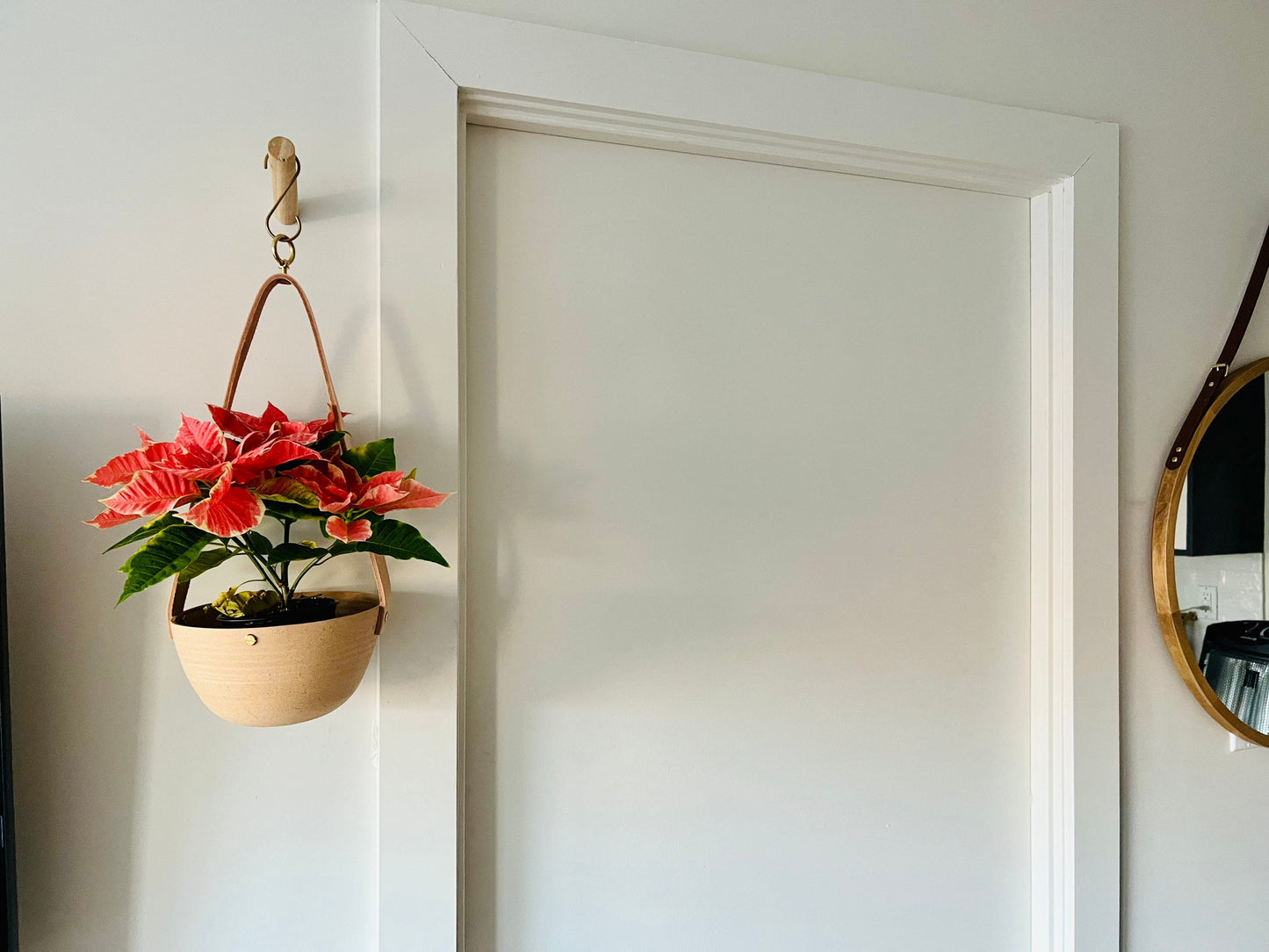 limited edition -western style hanging planter. Natural. leather and brass- Handemade ceramics.