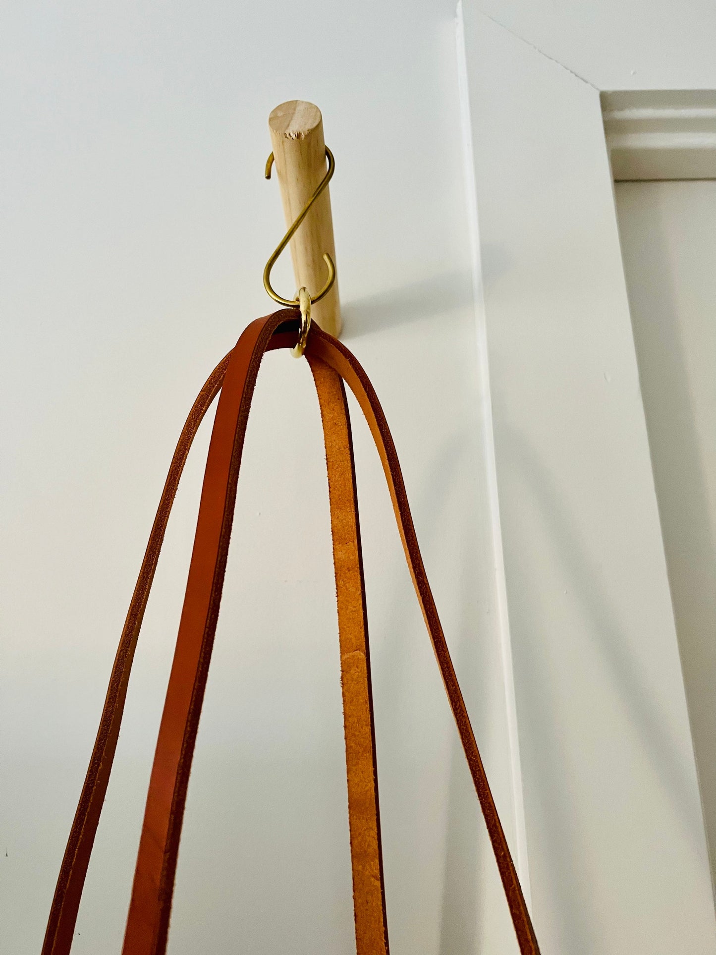 limited edition- western style hanging planter. Natural leather and brass. Handemade ceramics.