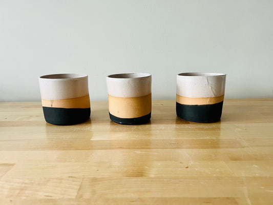 SECONDS- Cylinder planter pot with saucer. 4". black, beige and White. Ceramic. drain hole