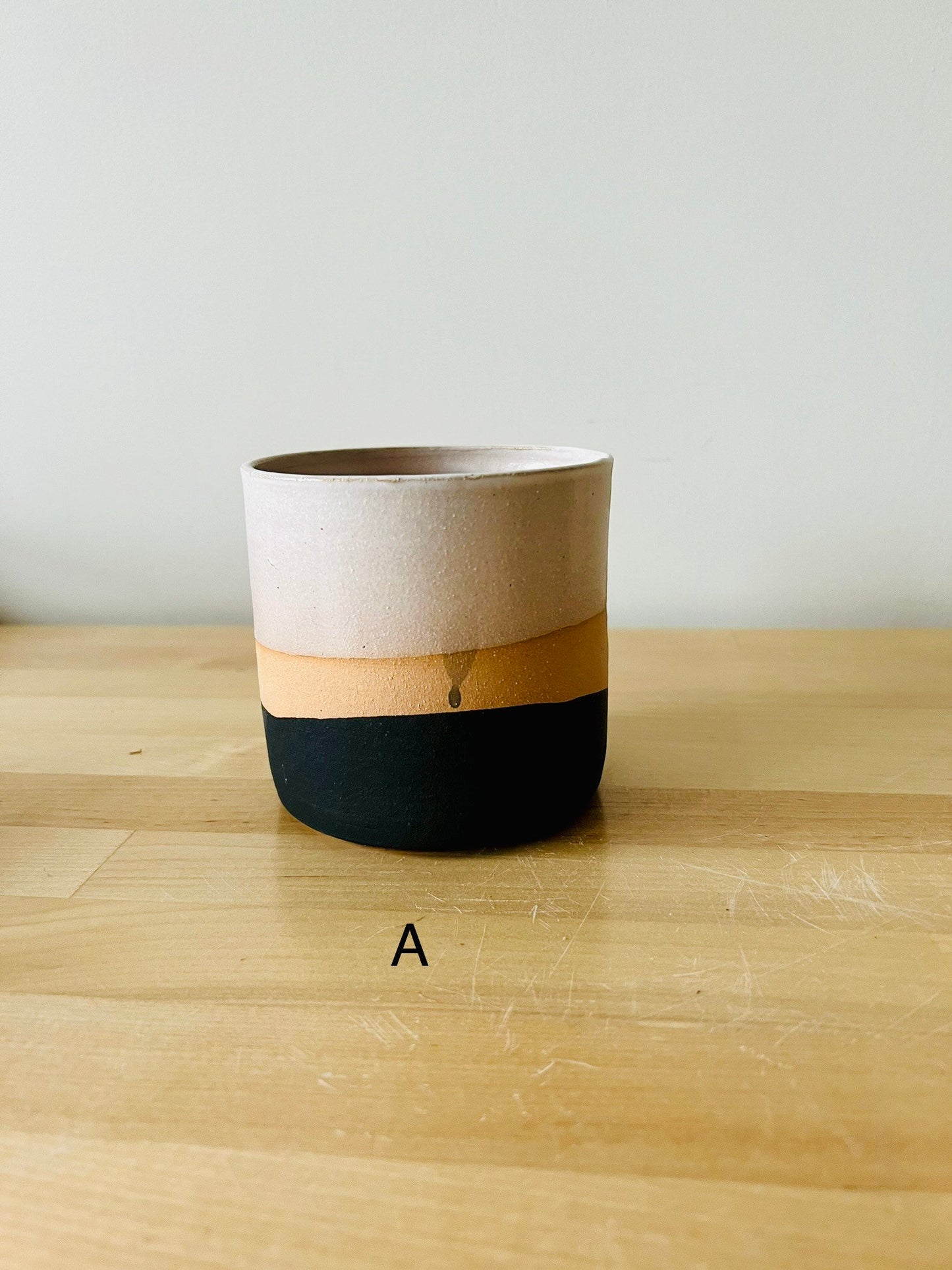SECONDS- Cylinder planter pot with saucer. 4". black, beige and White. Ceramic. drain hole