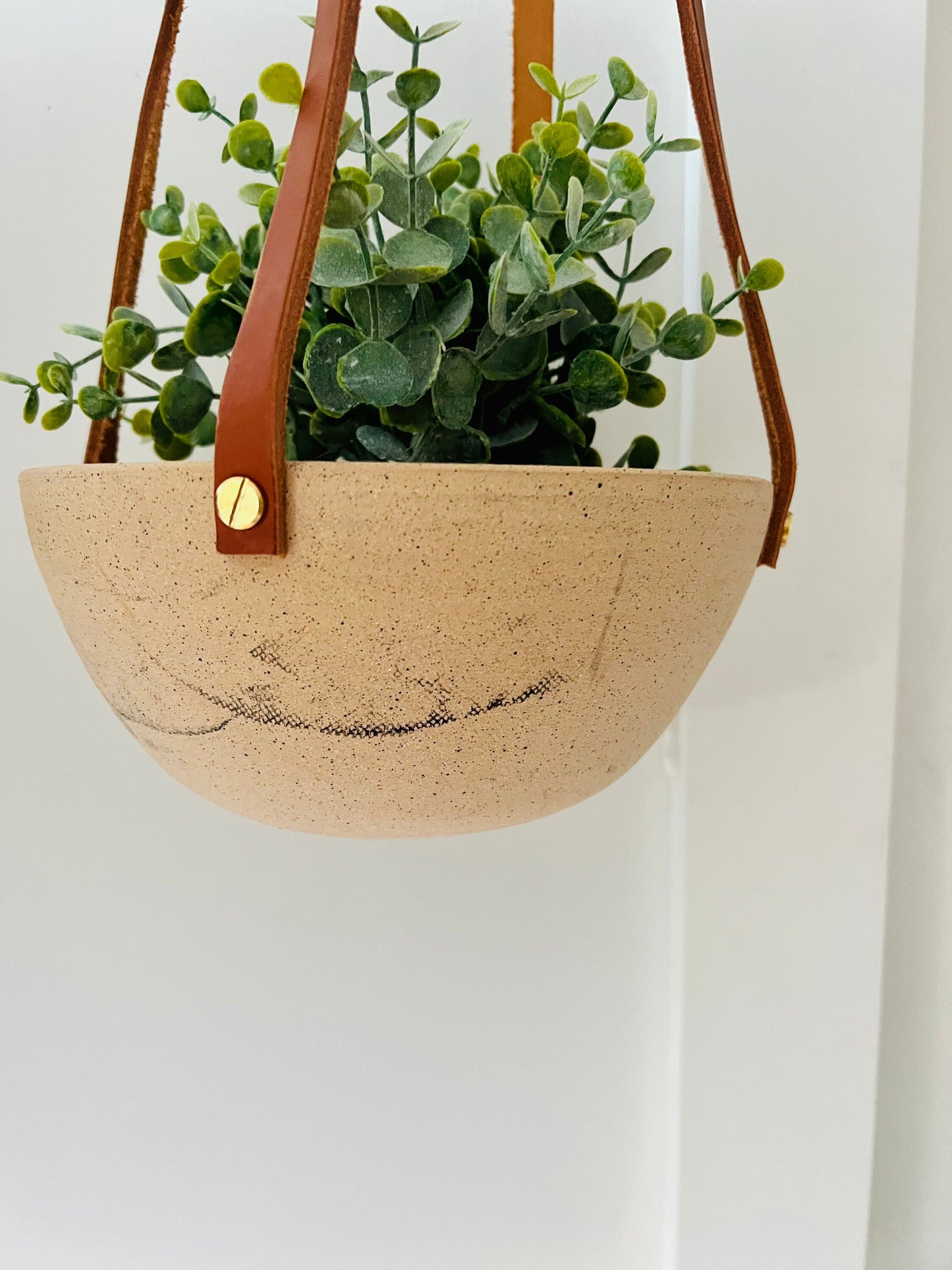 seconds- western style hanging planter. drainhole. Natural leather brass. Handemade ceramics.