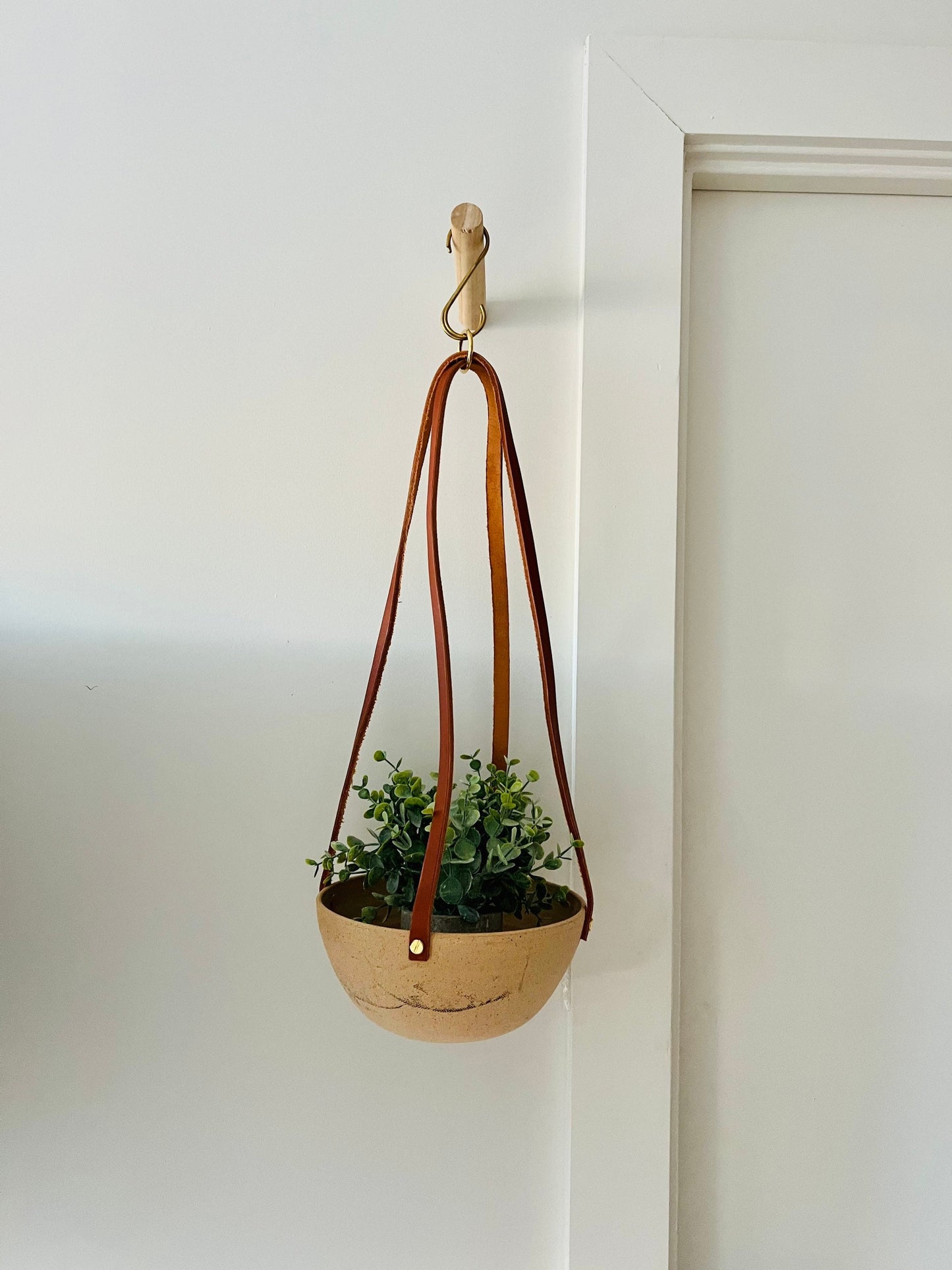 seconds- western style hanging planter. drainhole. Natural leather brass. Handemade ceramics.
