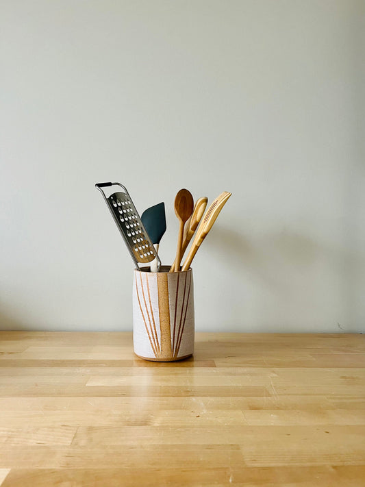 sample sale- white and speckled utensil holder- kitchen crock