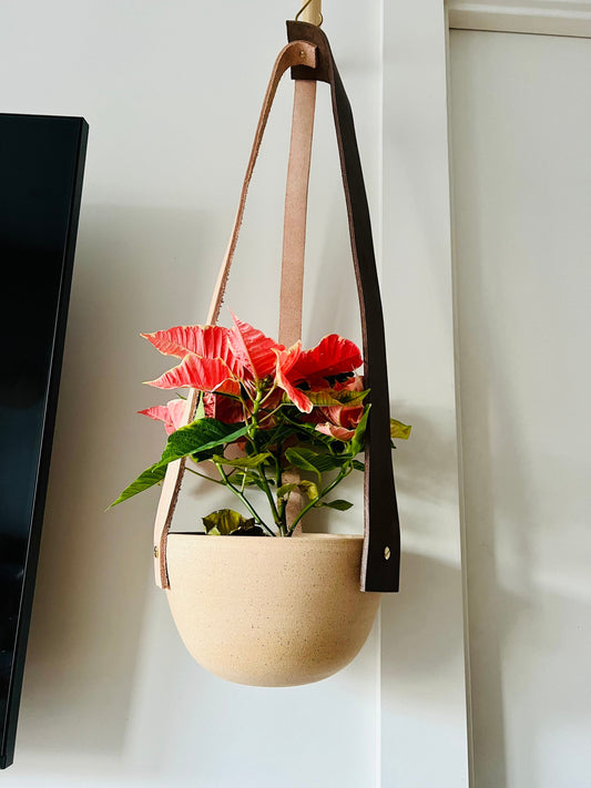 Limited Edition- Western-Style Hanging Planter - Handmade Ceramic - Natural Leather and Brass