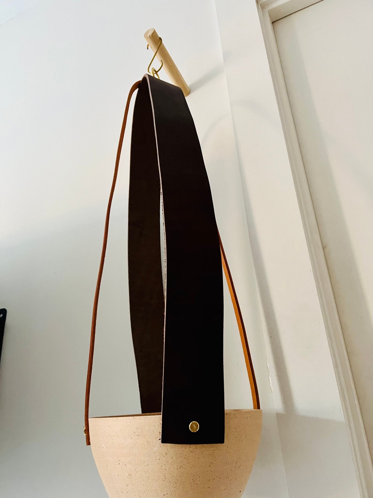 Limited Edition- Western-Style Hanging Planter - Handmade Ceramic - Natural Leather and Brass