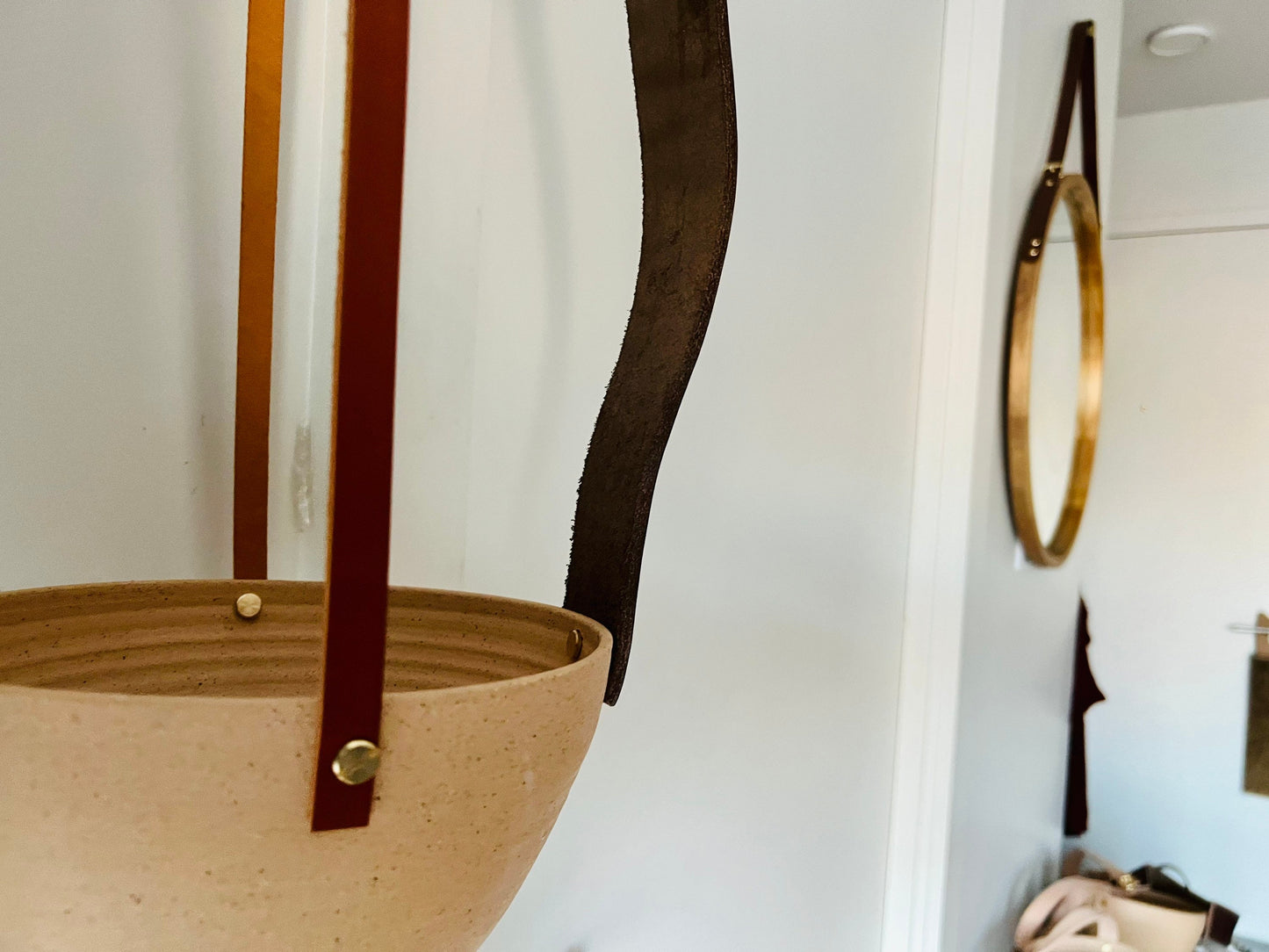 Limited Edition- Western-Style Hanging Planter - Handmade Ceramic - Natural Leather and Brass