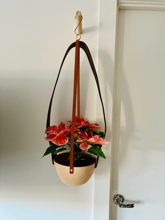 Limited Edition- Western-Style Hanging Planter - Handmade Ceramic - Natural Leather and Brass