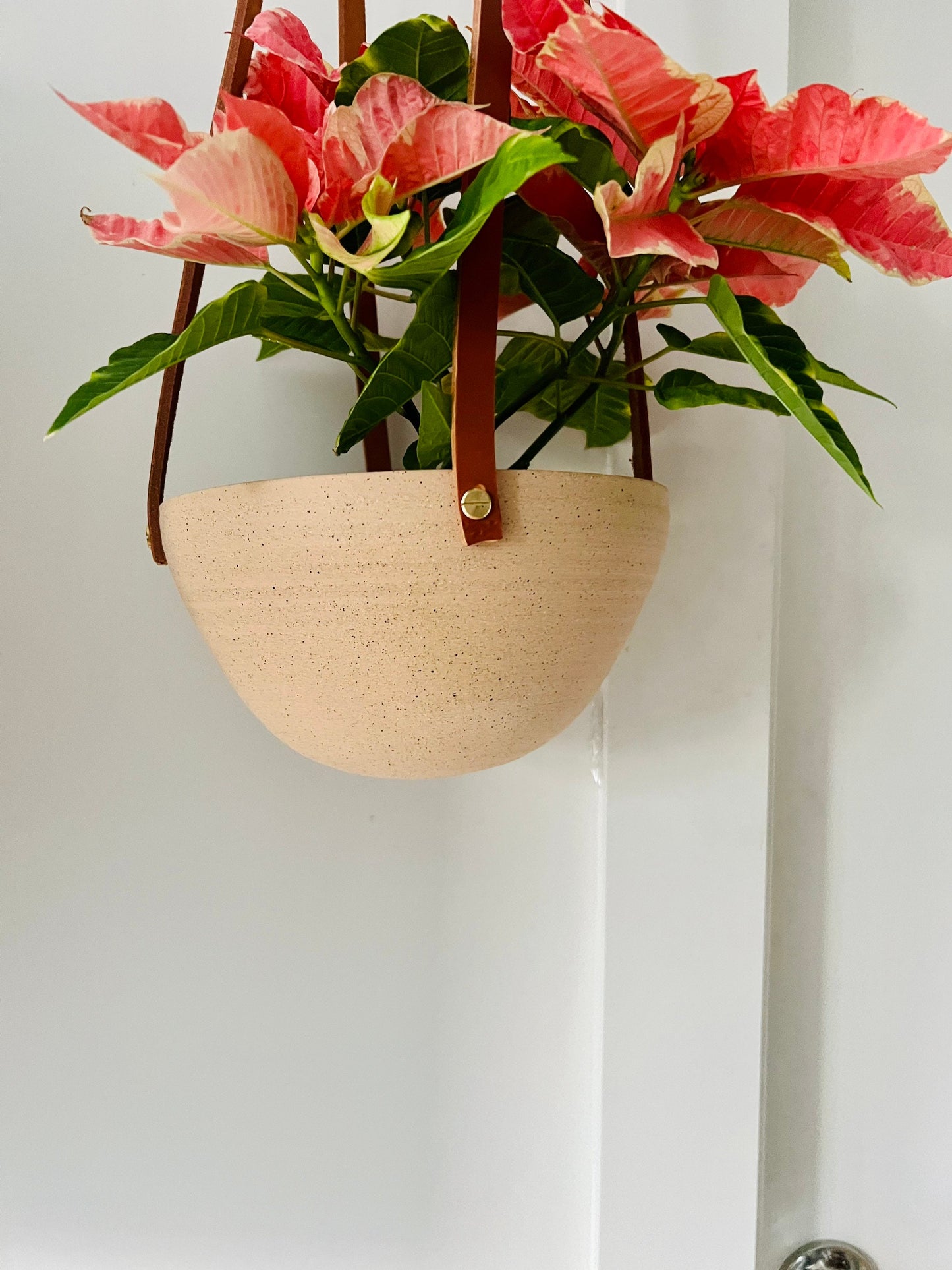 limited edition- western style hanging planter. Natural leather and brass. Handemade ceramics.