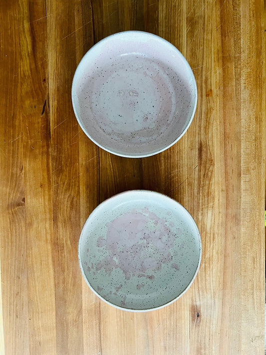 SECONDS- pink and pearl Cross cross wide bottom bowls. Handmade. white.