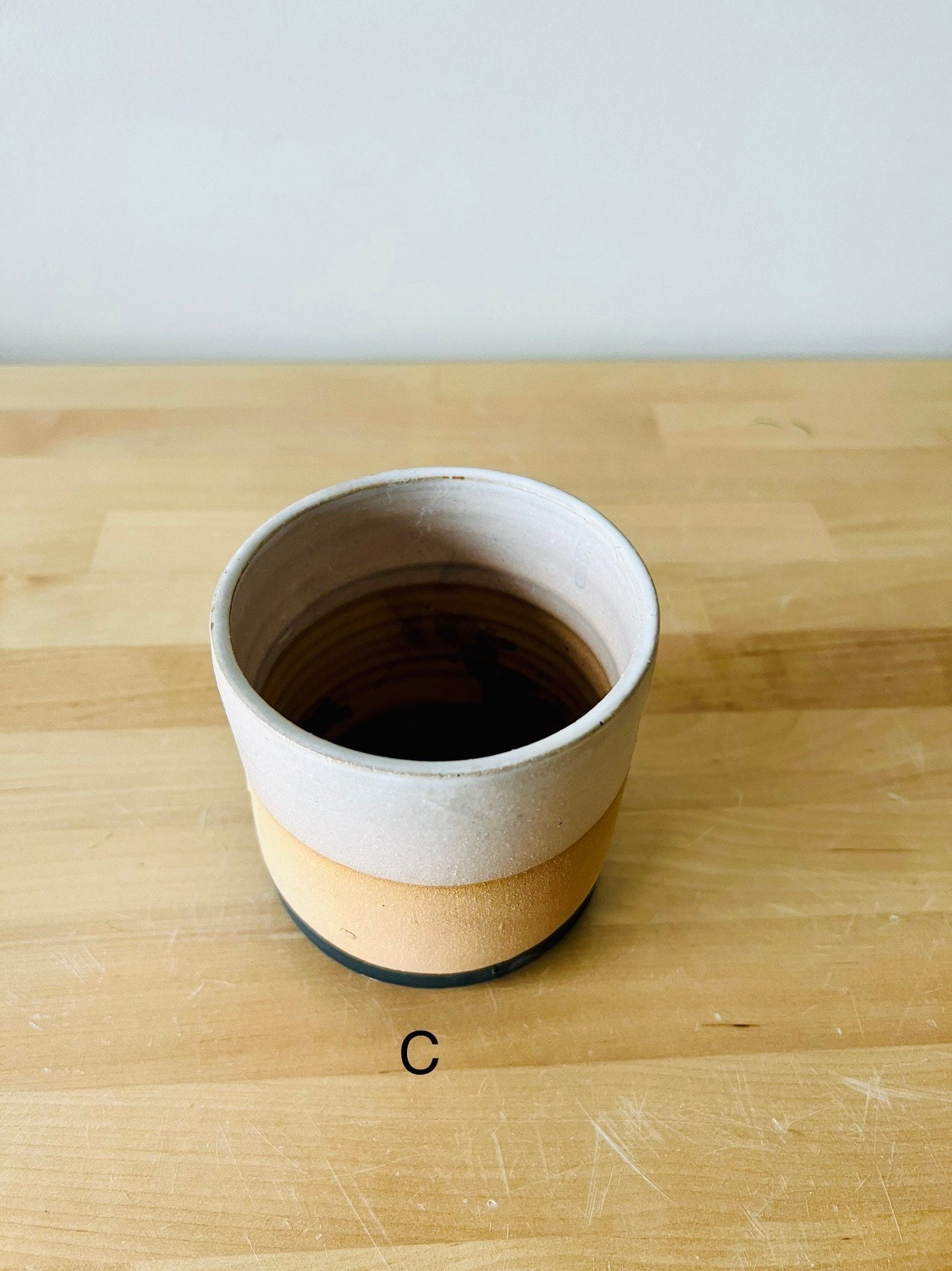 SECONDS- Cylinder planter pot with saucer. 4". black, beige and White. Ceramic. drain hole