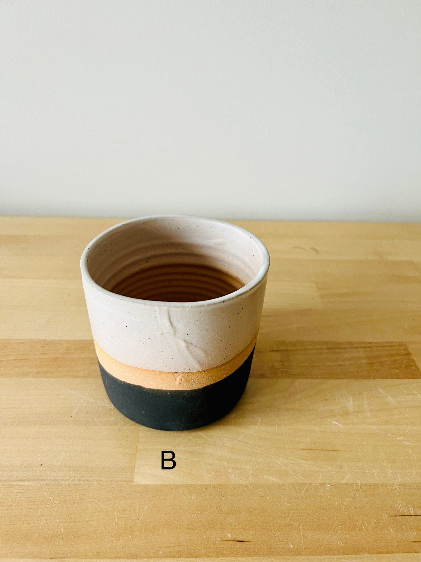 SECONDS- Cylinder planter pot with saucer. 4". black, beige and White. Ceramic. drain hole