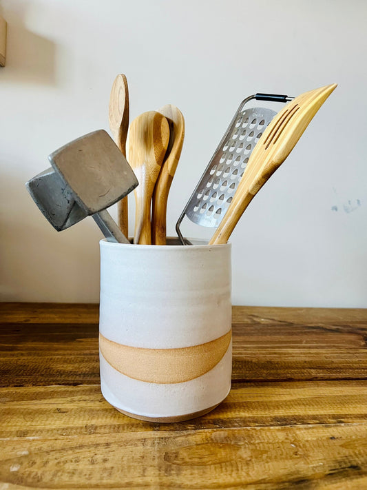 Whites criss cross tall cylinder utensil holder . ceramic.